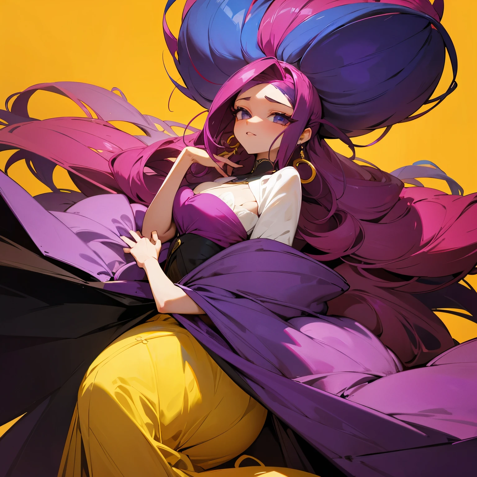 Garota sexy, cabelo afro roxo, roupa de cores amarelo rosa azul, branca, seios grandes