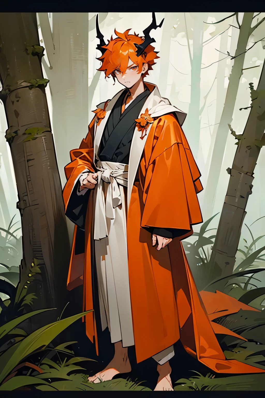 Masterpiece Quality, Perfect Generation, Detailed Eyes, , , Orange Medium Messy Spiky Hair Undercut, Hair Tied, , , , Male, , Detailed Eyes, Standing In Forest City, Facing Viewer, , Male, , Full Body, , Orange Hair, Orange Eyeliner, Horns, Muscular, , Orange And White Robes, Serious Face