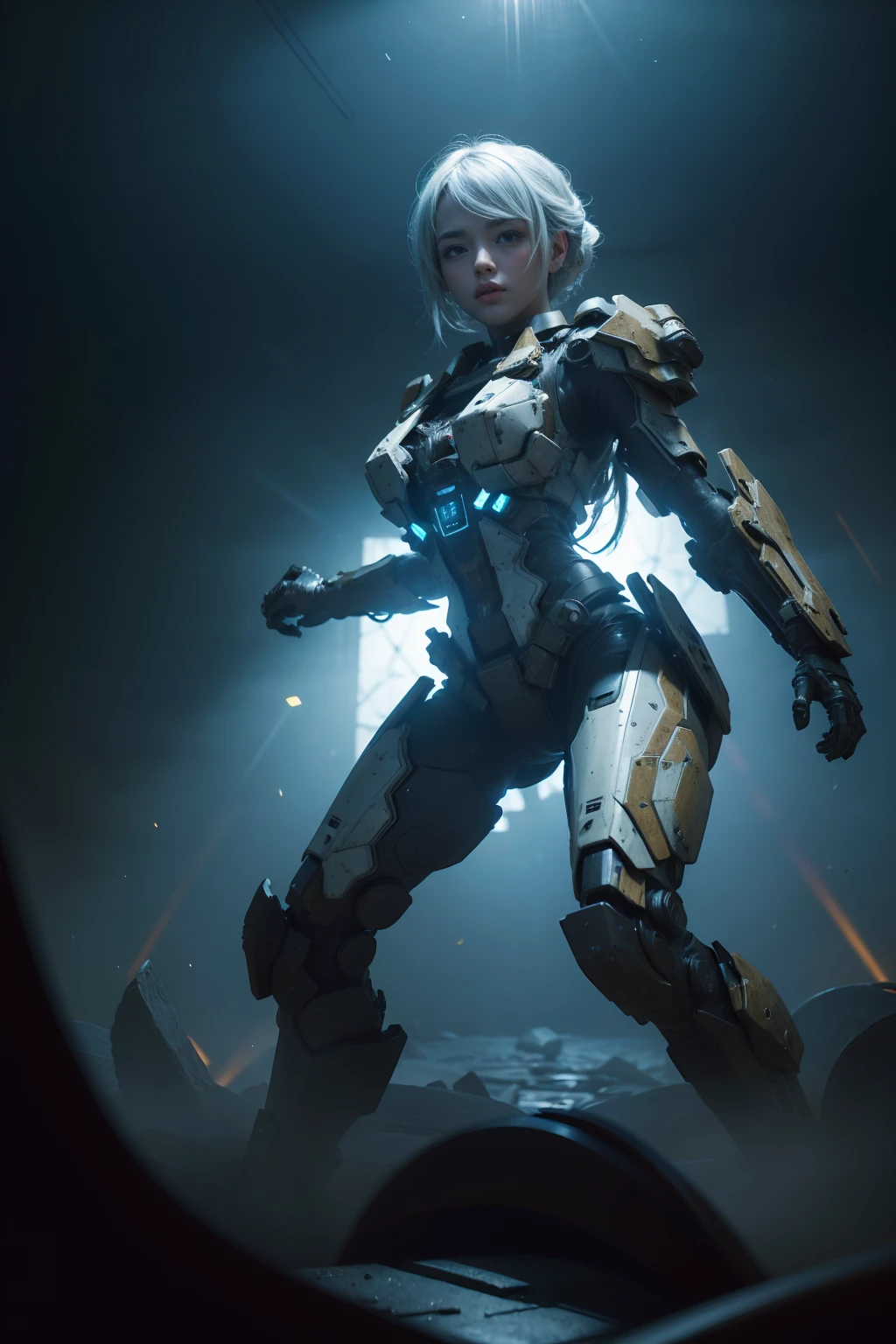 ((Best Quality)), ((Masterpiece)), (Very Detailed: 1.3), 3D, Beautiful cyberpunk girl, sci-fi technology, HDR (High Dynamic Range), ray tracing, nvidia RTX, super resolution, unreal 5, subsurface scattering, PBR texture, post-processing, anisotropic filtering, depth of field, maximum sharpness and sharpness, multi-layer texture, specular and albedo mapping, surface shading, accurate simulation of light-material interactions, perfect proportions, octane rendering, duotone lighting, low ISO, white balance, rule of thirds, wide aperture, 8K RAW, high efficiency subpixels, subpixel convolution, light particles, light scattering, Tyndall effect, (((1Girl))), (((VERY-SEXY))), full body, (((battle pose))), in destroyer city, night time, white hair, battleground, cinematic