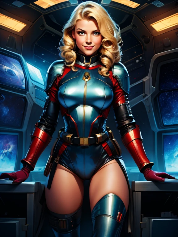 Best quality illustration, space beautiful vintage woman,CURLY blonde hair, looking to observer, LITTLE SHY SMILE, tight hi-tech armor suit RED with intrincated details, adjusting hi-tech gloves, militar tactical belt, thighs and knee,spaceship scenario,difuse lights
