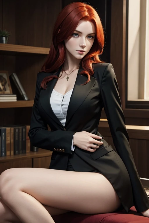 a thin western woman with red hair and green eyes wearing a black blazer.
