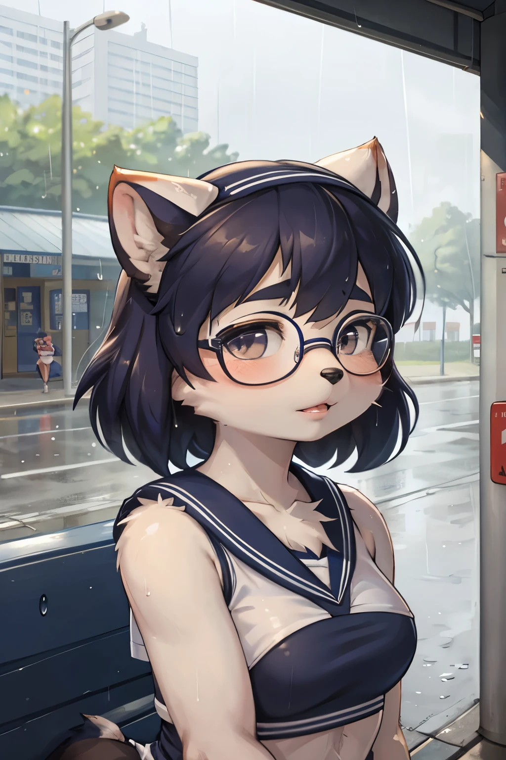 focus face , hairy raccoon dog Short stature girl , (realistic hairy fur:1.2) , round face , (tilt face:1.2) , geek , (half-open eyes) , Swollen cheeks , glossy lips , eyewear, (transparent white sailor uniform)  , (sports bra under sailor uniform:1.1) , navy skirt , rainy bus stop , Take shelter from the rain