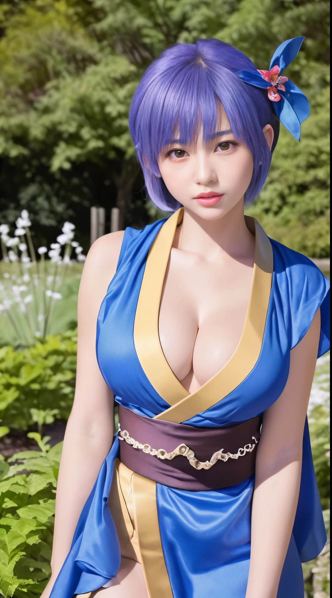 最high quality、high quality、Best image quality、8k、最High resolution、High resolution、最high quality、masterpiece、RAW Photos、whole body写真、Detailed and realistic human body、Detailed and realistic skin、Realistic face in every detail、Detailed and realistic eyes、Detailed and realistic lips、Detailed and realistic teeth、Detailed and realistic ears、Detailed and realistic hair、Realistic reproduction of every detail、Realistic reproduction of every detailされた5本指フィギュア、(Perfect and beautiful hands、thumb1reference4)、Realistic feet down to the last detail、((Beautiful Japanese Girl))、(Japanese Model)、((18 year old beautiful girl))、((A girl who looks like DOA Ayane)、(Purple Hair)、(Straight hair)、((whole body))、(Slim and perfect athletic body)、(whole body光沢肌、Fair skin)、Soft natural light、kimono、Ninja costume、Japanese tradition、Japanese garden、((カラフルな革のkimono))、((肌に張り付くkimono))、((Natural poses in the garden to make your thighs look beautiful))