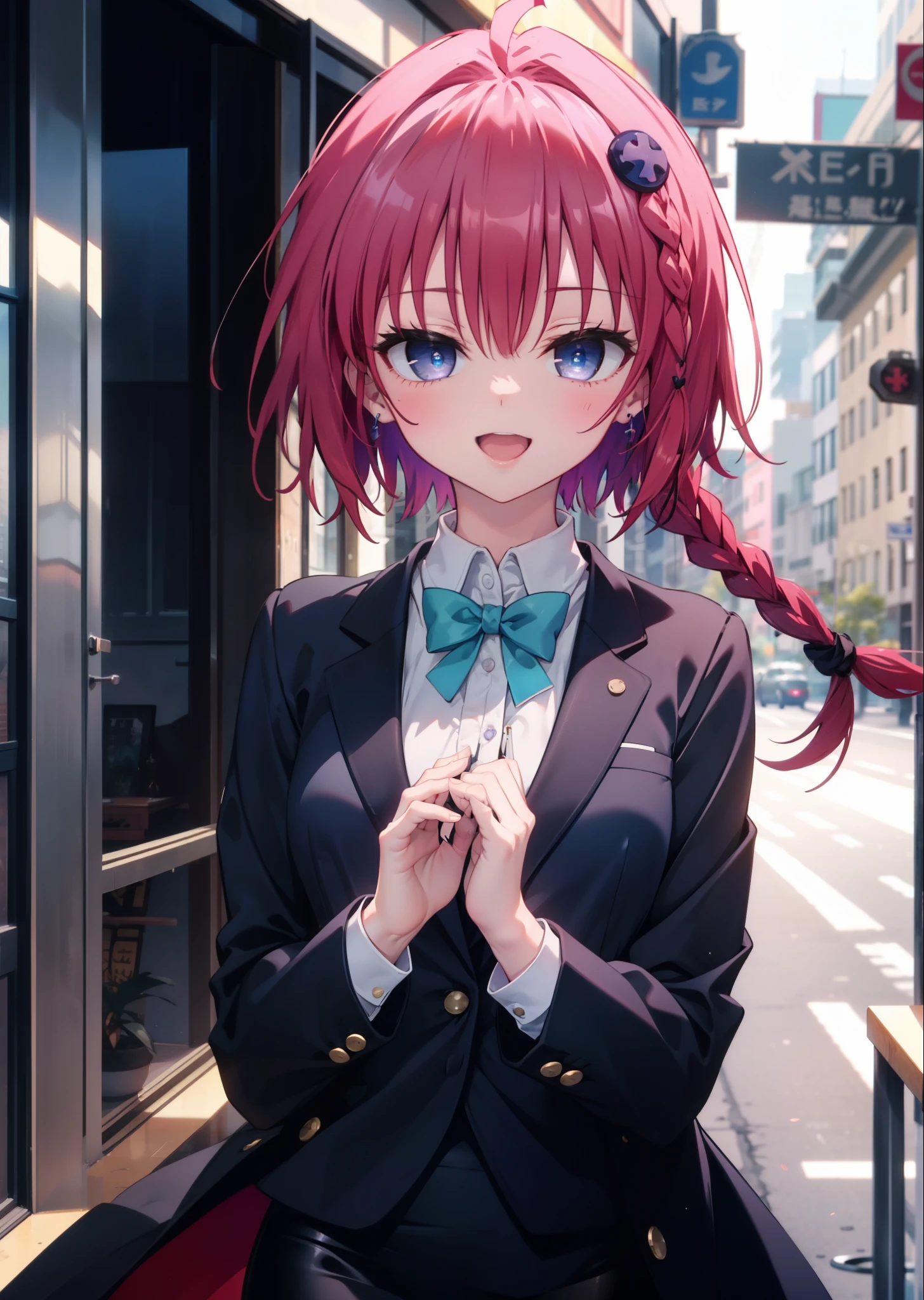 (masterpiece, highest quality:1.2),shape,8k,High resolution,kurosaki mea,まるでwhole bodyがイラストの中にいるかのように,1 girl,happy smile, smile, Open your mouth,Red Hair,Long braids,Upper Body,(Portraiture:1.2),hair ornaments,smile,Purple eyes,Medium Chest,White hair band,OL, end, Black suit jacket, Collared jacket, White dress shirt, Collared shirt, Neckline, button, Black pencil skirt, Black pantyhose,Stiletto heels,morning,morning陽,The sun is rising,Walking,whole bodyがイラストに入るように,
break looking at viewer,whole body,
break outdoors, Building district,
break (masterpiece:1.2), highest quality, High resolution, unity 8k wallpaper, (shape:0.8), (Fine and beautiful eyes:1.6), Highly detailed face, Perfect lighting, Highly detailed CG, (Perfect hands, Perfect Anatomy),