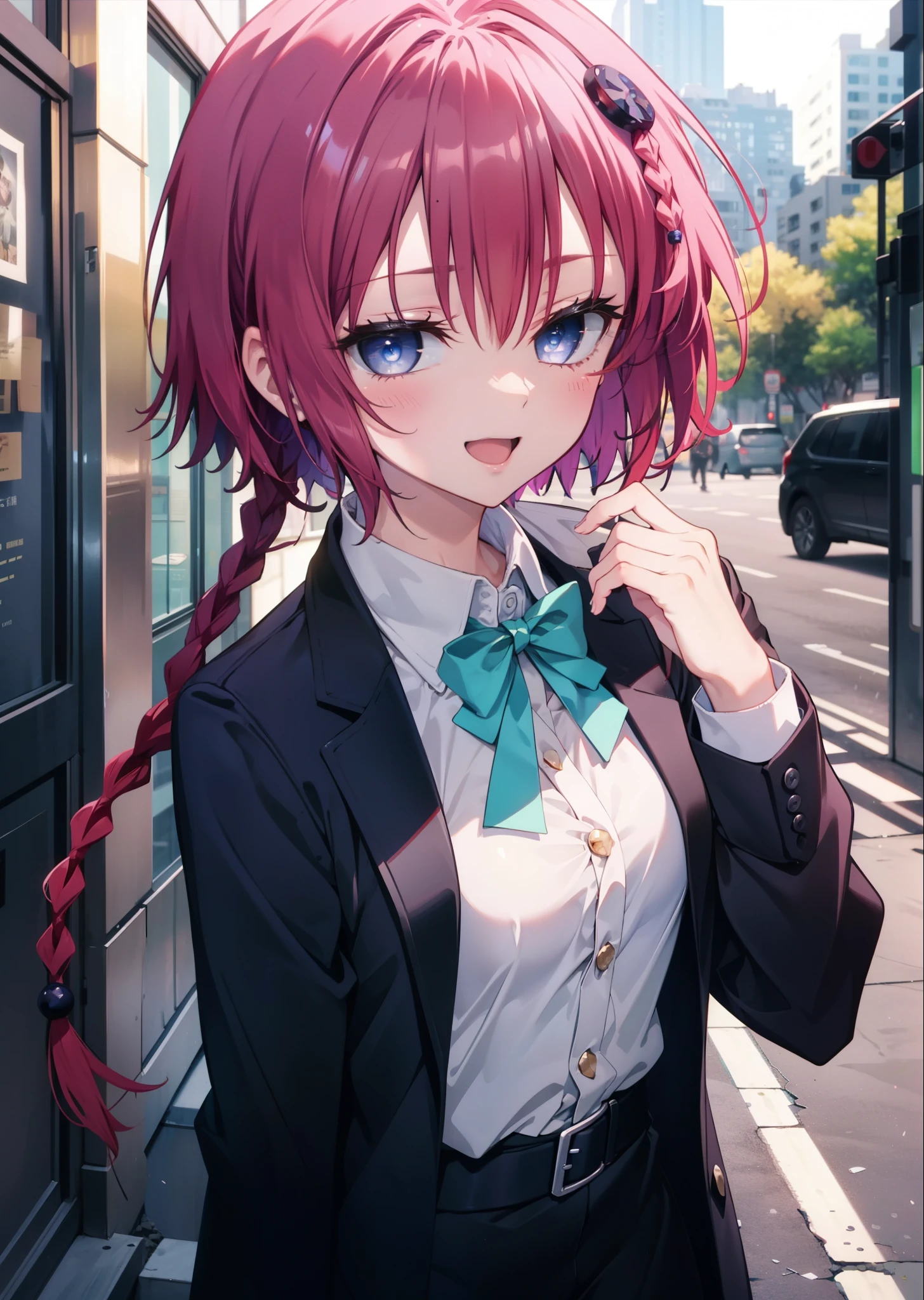 (masterpiece, highest quality:1.2),shape,8k,High resolution,kurosaki mea,まるでwhole bodyがイラストの中にいるかのように,1 girl,happy smile, smile, Open your mouth,Red Hair,Long braids,Upper Body,(Portraiture:1.2),hair ornaments,smile,Purple eyes,Medium Chest,White hair band,OL, end, Black suit jacket, Collared jacket, White dress shirt, Collared shirt, Neckline, button, Black pencil skirt, Black pantyhose,Stiletto heels,morning,morning陽,The sun is rising,Walking,whole bodyがイラストに入るように,
break looking at viewer,whole body,
break outdoors, Building district,
break (masterpiece:1.2), highest quality, High resolution, unity 8k wallpaper, (shape:0.8), (Fine and beautiful eyes:1.6), Highly detailed face, Perfect lighting, Highly detailed CG, (Perfect hands, Perfect Anatomy),
