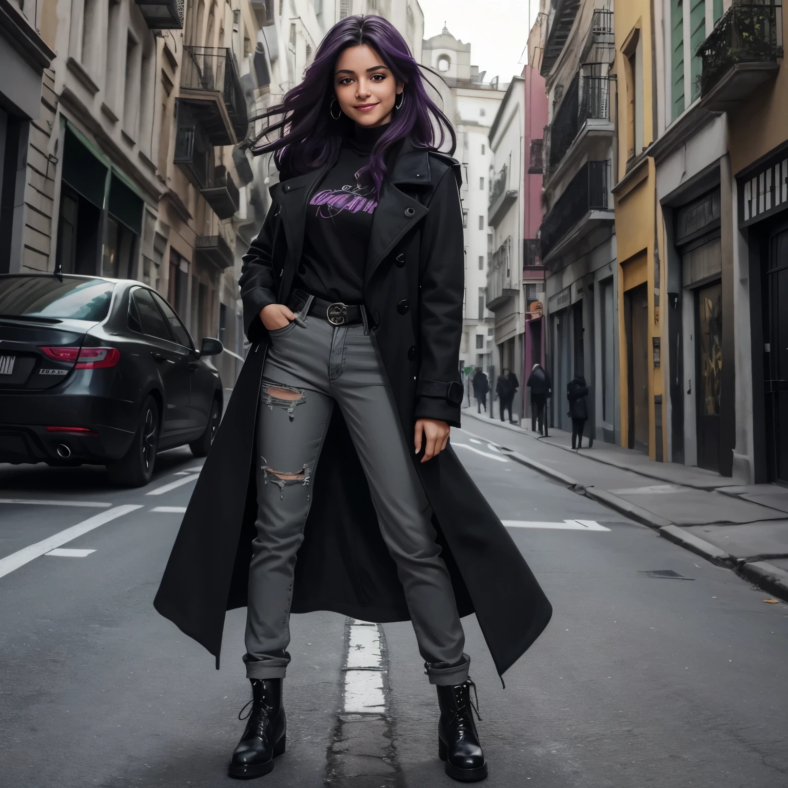 Mujer de ojos verdes, cabello verde oscuro con morado, smiling while wearing a damaged black coat, camisa gris, pantalones deportivos negros, vendas en sus manos y capucha con pose de pelea