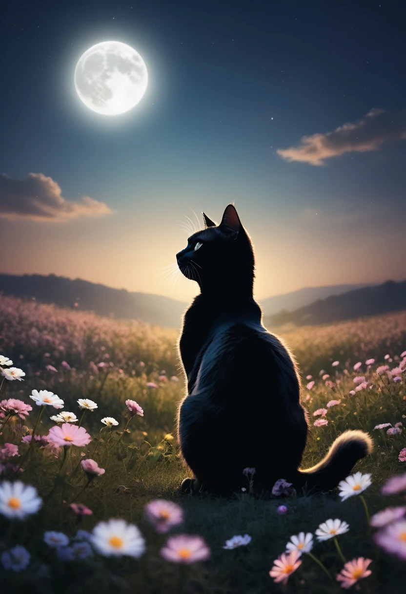 Silhouette art of a single cat, Beautiful flower field,Multiple Exposure, moonlight, Strengthen, Complex, (highest quality, masterpiece, Representative works, Official Art, Professional, unity 8k wallpaper:1.3)