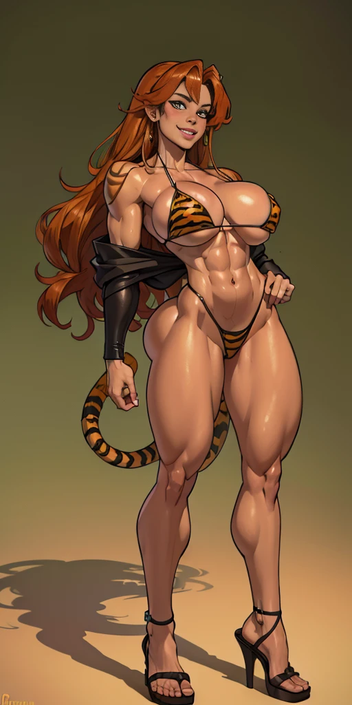 (Green screen background) Eris Boreas Greyrat cuerpo completo de pie con dos muslos largos y Tacones altos, ojos grandes, cabello ROJO vivo LARGO desordenado, Bikini amarillo tigre, manos arriba muestran axilas afeitadas, ombligo, boca cerrada sonriente (rubor rojo) brazales dorados, gargantilla negra