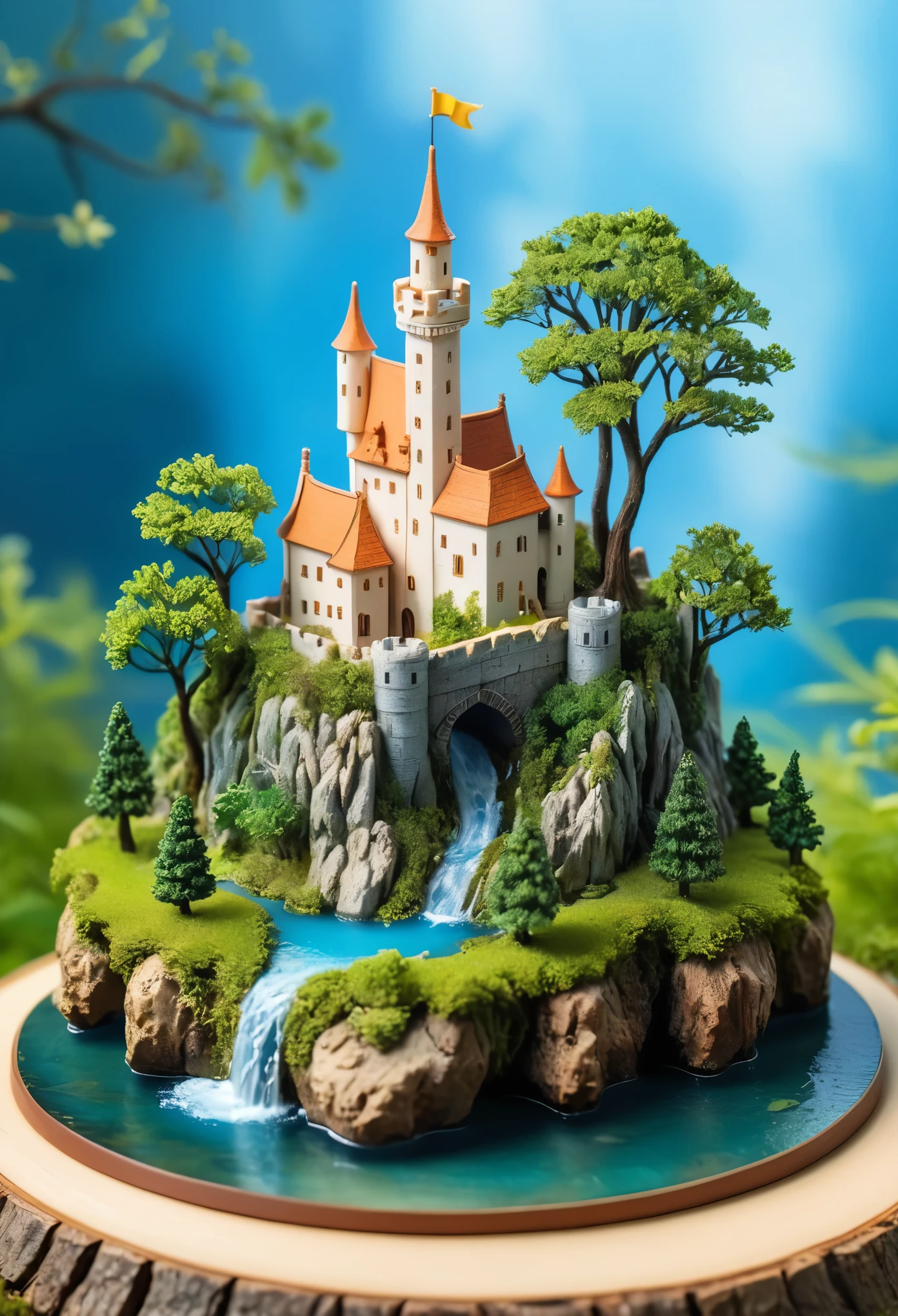 A small floating island with an old castle and trees on it, macro photography, creative work, meticulous details, miniature sculptures, detailed miniatures, cute and dreamy in the style of detailed miniatures.