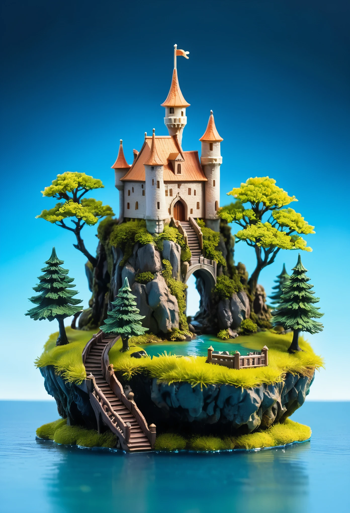 A small floating island with an old castle and trees on it, macro photography, creative work, meticulous details, miniature sculptures, detailed miniatures, cute and dreamy in the style of detailed miniatures.