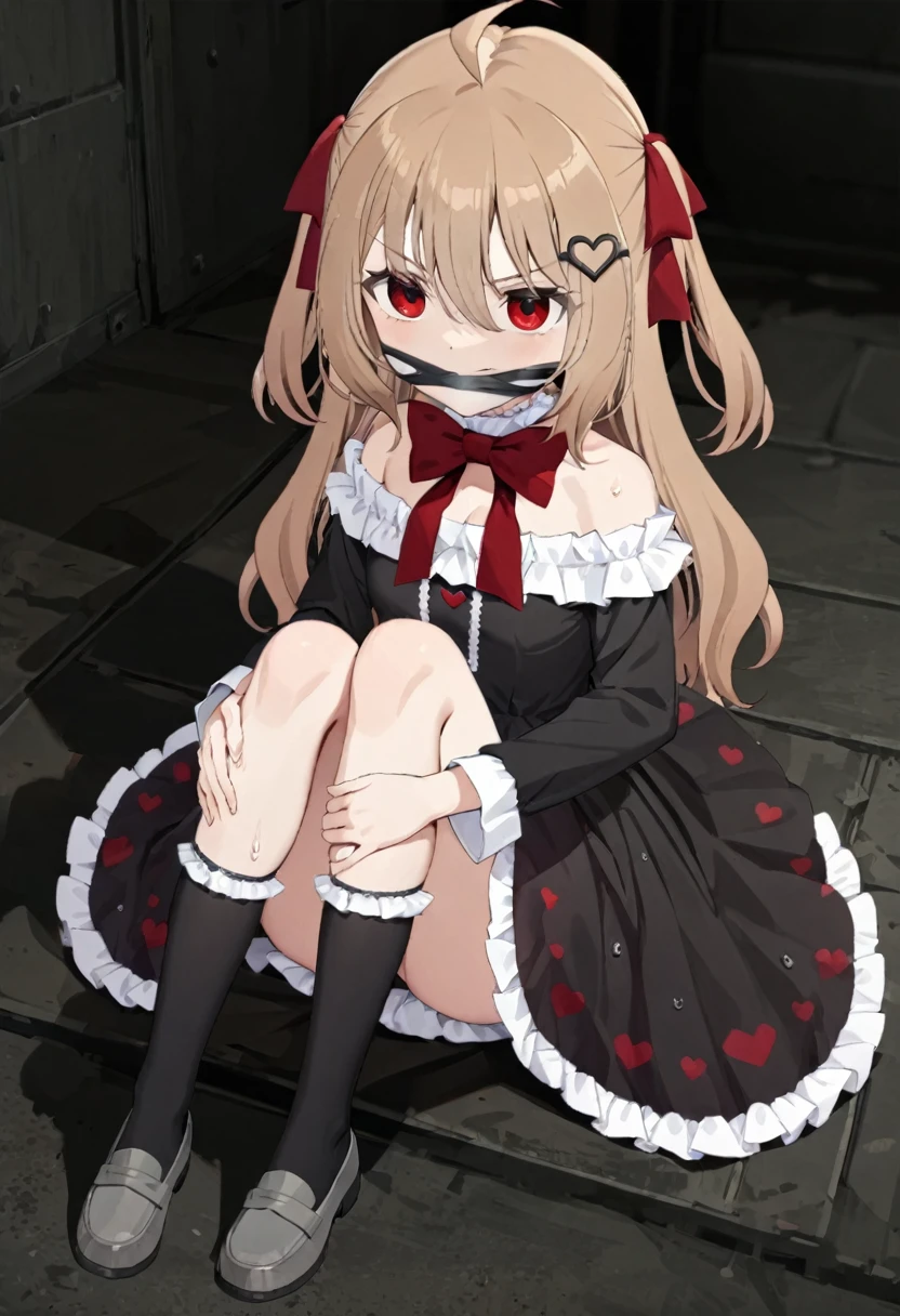 1girl, evil neuro-sama, (yuzu modoki), red eyes, light brown hair, ahoge, two side up, hair ribbon, dark red ribbon, heart hair ornament, black dress, frilled dress, off-shoulder dress, bare shoulders, frilled choker, long sleeves, red bow, red buttons, black heart, black socks, frilled socks, grey footwear, loafers, (masterpiece, best quality), highly detailed, finely detailed, from above, arm behind back, wet, angry, gagged, looking at viewer, spread legs, see-through dress, covered nipples, sitting, underwear, cleavage, hugging own legs, knees to chest, indoors,