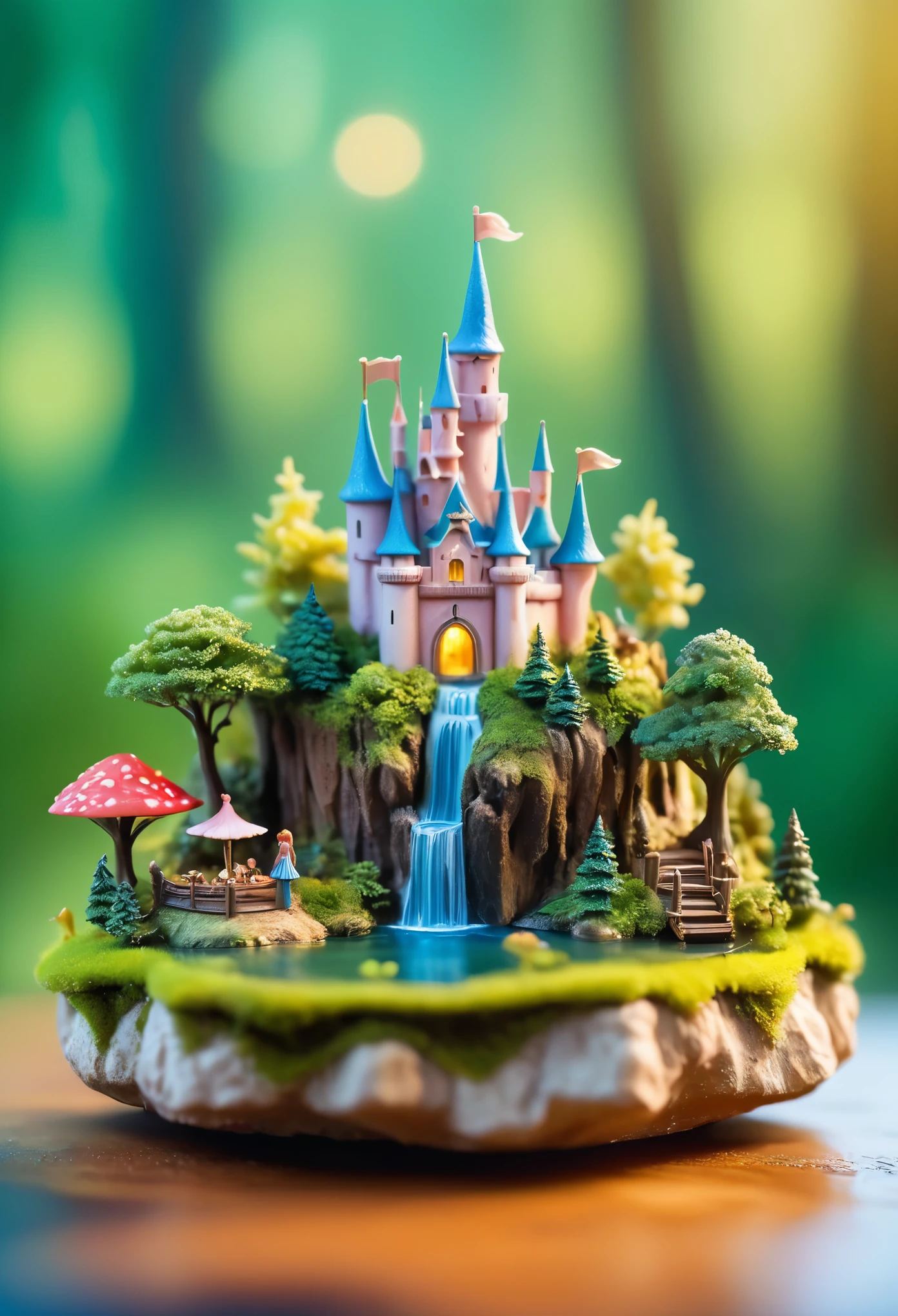 Super macro photography of a tiny floating island with a miniature fairy tale castle and forest on it, against a detailed background, with super cute clay figures of tiny people featuring detailed face features, in the surrealism and fantasy style of blurred bokeh effect, with an ultra realistic photo quality and super resolution.
