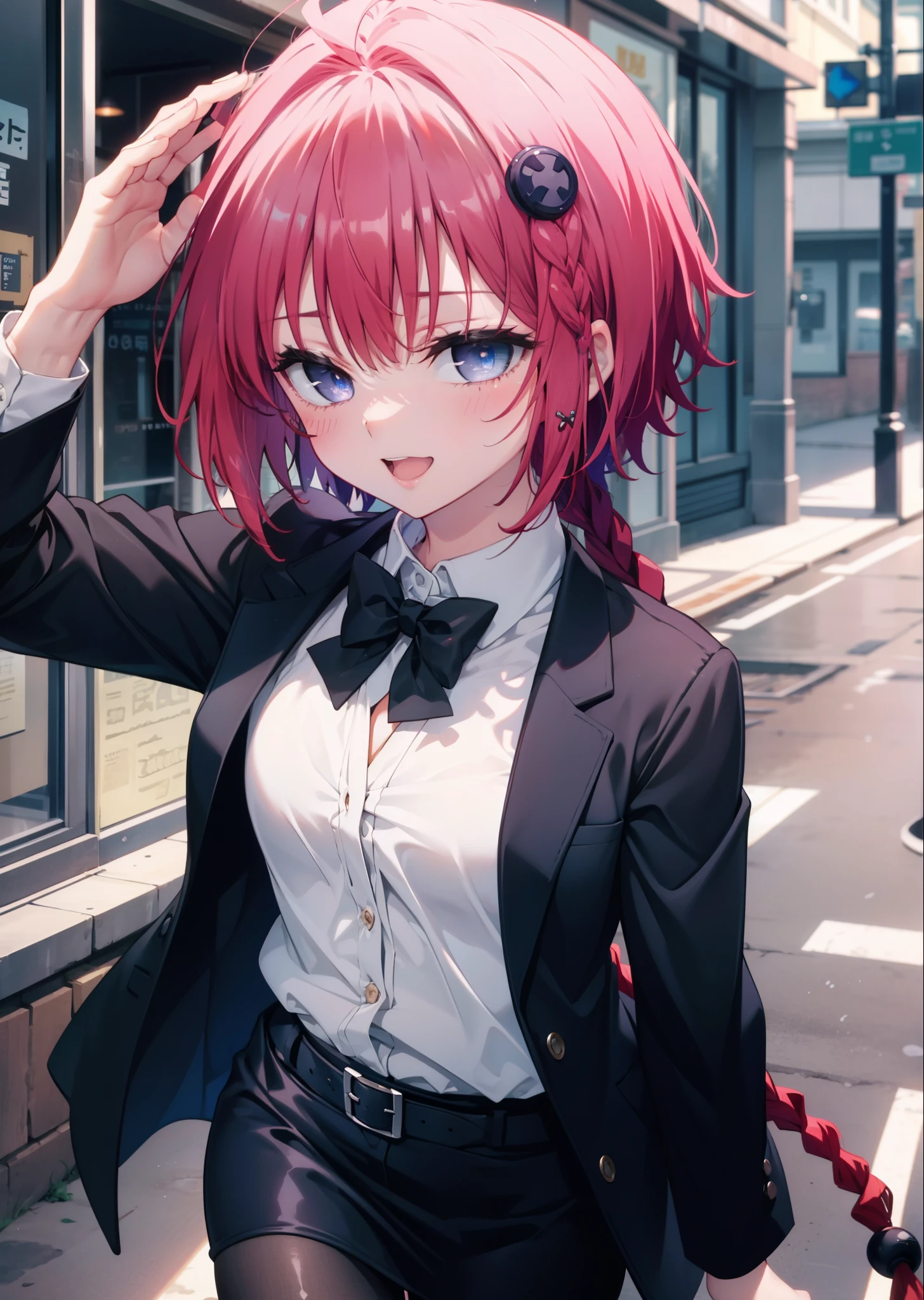 (masterpiece, highest quality:1.2),shape,8k,High resolution,kurosaki mea,まるでwhole bodyがイラストの中にいるかのように,1 girl,happy smile, smile, Open your mouth,Red Hair,Long braids,Upper Body,(Portraiture:1.2),hair ornaments,smile,Purple eyes,Medium Chest,White hair band,OL, end, Black suit jacket, Collared jacket, White dress shirt, Collared shirt, Neckline, button, Black pencil skirt, Black pantyhose,Stiletto heels,morning,morning陽,The sun is rising,Walking,whole bodyがイラストに入るように,
break looking at viewer,whole body,
break outdoors, Building district,
break (masterpiece:1.2), highest quality, High resolution, unity 8k wallpaper, (shape:0.8), (Fine and beautiful eyes:1.6), Highly detailed face, Perfect lighting, Highly detailed CG, (Perfect hands, Perfect Anatomy),