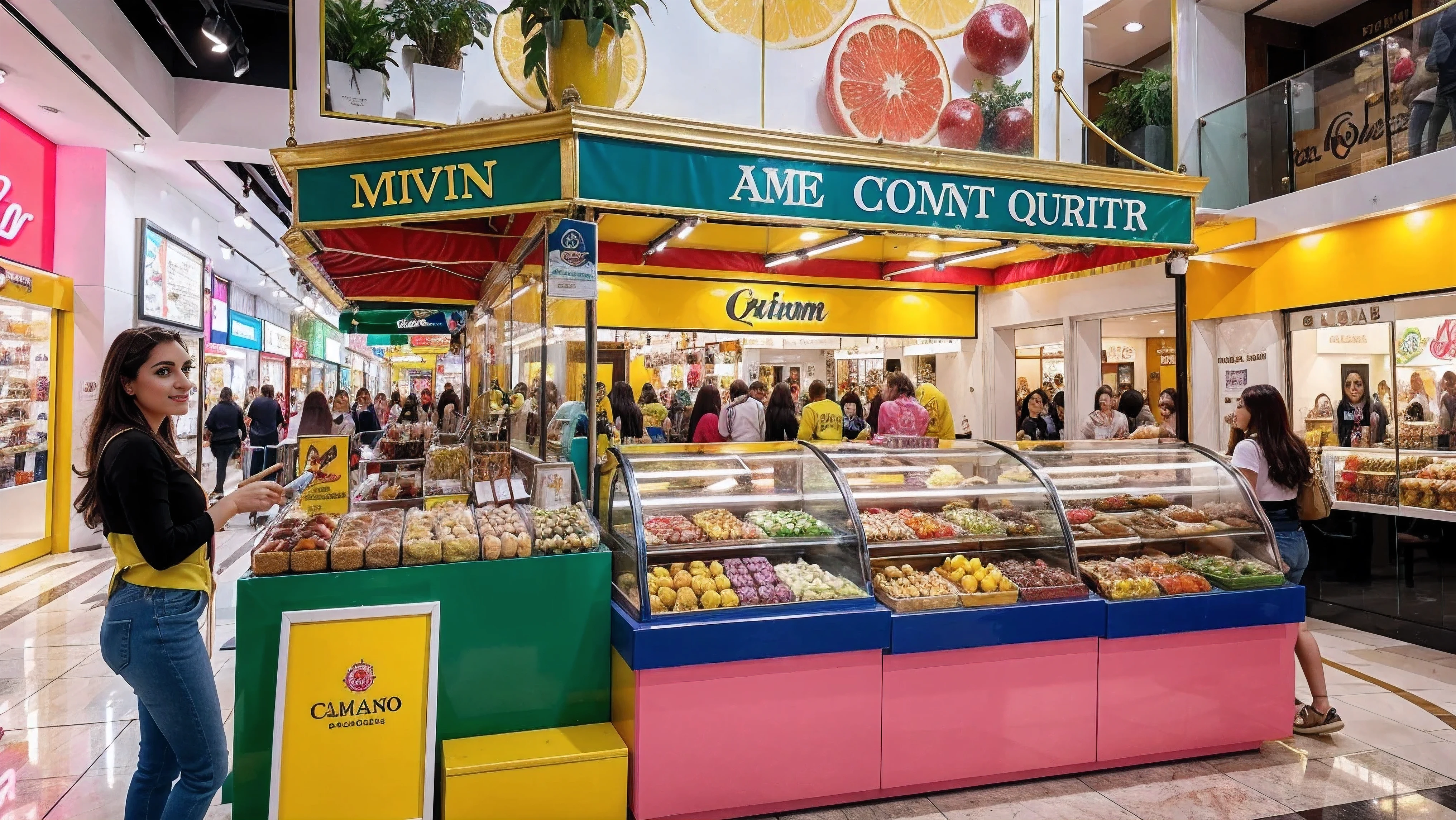 vitrine de boutique em um shopping em Miami, surrounded by a vibrant and lively food court. The scene is full of colorful elements, com tons de rosa, vermelho, amarelo, verde, azul, preto, branco e roxo. The showcase itself is made of high quality materials, lembrando uma obra de arte. Lighting is professionally done, destacando a garota e criando um efeito visualmente deslumbrante. The overall image quality is of the best quality, providing an ultra-detailed and realistic representation of the scene. The colors are bright and vibrant, enhancing the energetic atmosphere of the mall. The combination of the boutique and the food court creates an interesting contrast, adding depth and variety to the composition.