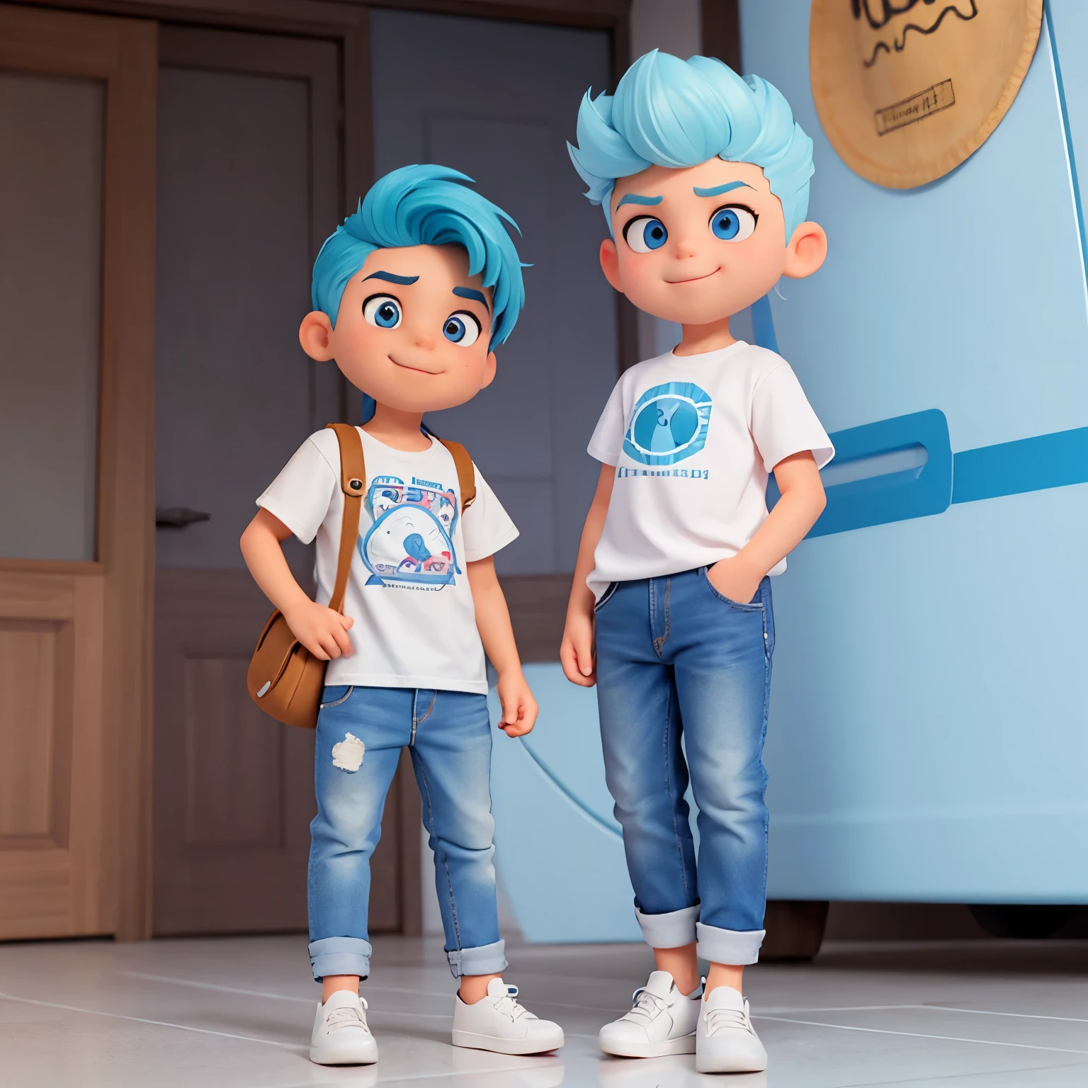 Desenhe um menino de um ano de idade, cabelos bemnpretos e penteados de lado, slanted but big and popping eyes, boca sorrindo com 4 dentes em cima e 4 embaixo, nariz pequeno, black but light eyebrows, The outfit could be light blue jeans, white sneakers and a light blue plaid shirt., in one of the hands alluding to the number 1
