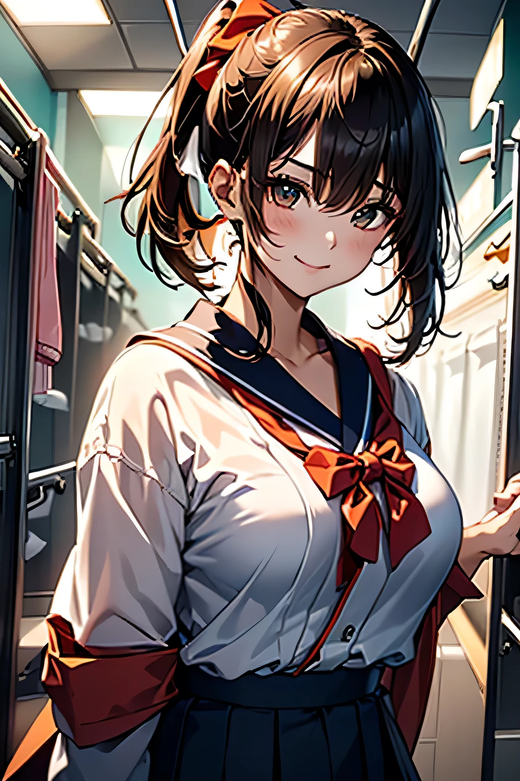 (((Adult female:1.3))),(((Change clothes in the changing room:1.3))),(((clothes on hangers:1.3))),(((Sailor suit))),(((Pleated skirt revealing skin))),(Dark red bow tie:1.3),Cute face,Extreme close up of face,Shiny light brown and orange striped short hair,Messy ponytail,Cute Smile,Perfect round face,iris,(hairpin、ponytail、Floating Hair、),Large Breasts.Professional Lighting,Cinematic Light,(Tabletop,highest quality,Ultra-high resolution output images,) ,(8K quality,),(Ocean Art 2.0 Mode:1.3),(Picture Mode Ultra HD,)