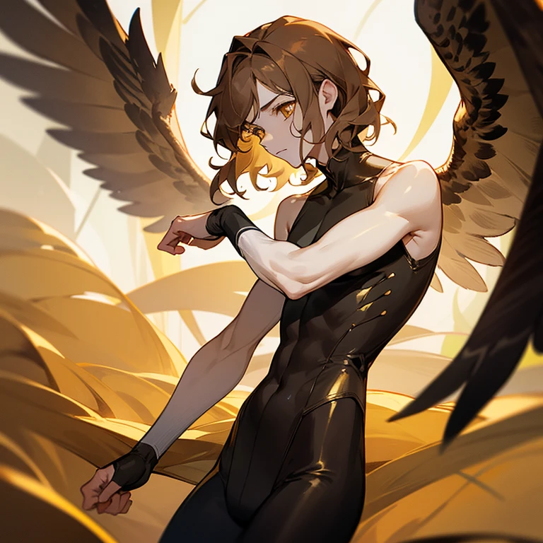 Tall young man, slim build, pale skin, golden eyes, short and wavy brown hair with golden highlights, tight clothing, black sleeveless shirt and torture neck... owl wings