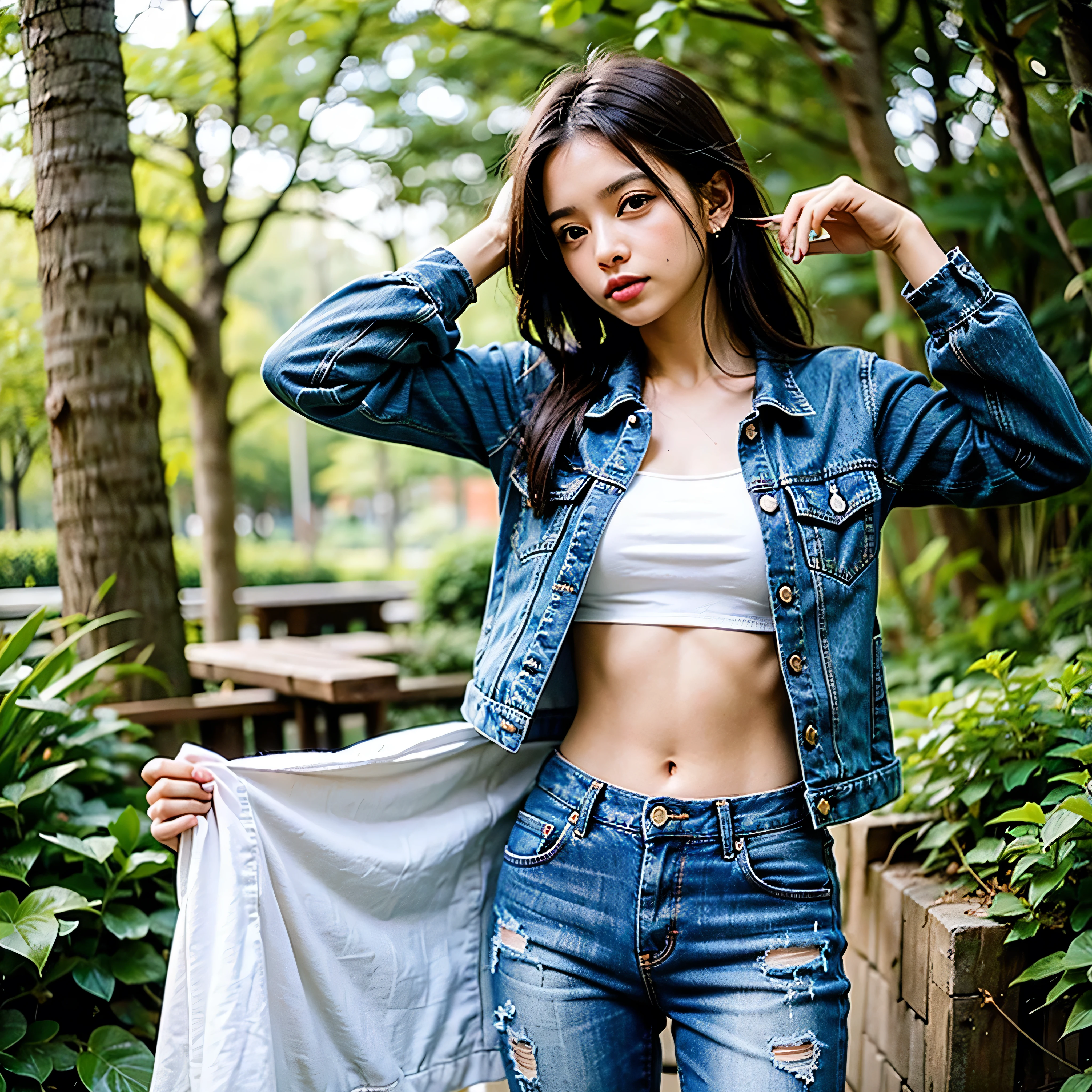 Adolescente, bronzeada, vestindo uma blusa preta e um short jeans, A tired expression, uma jaqueta de couro e uma gargantilha. Um piercings no nariz e na sobrancelha e na boca. Cabelos cacheados curtos pintados de vermelho. Olhos castanhos escuros e uma cicatriz no olho