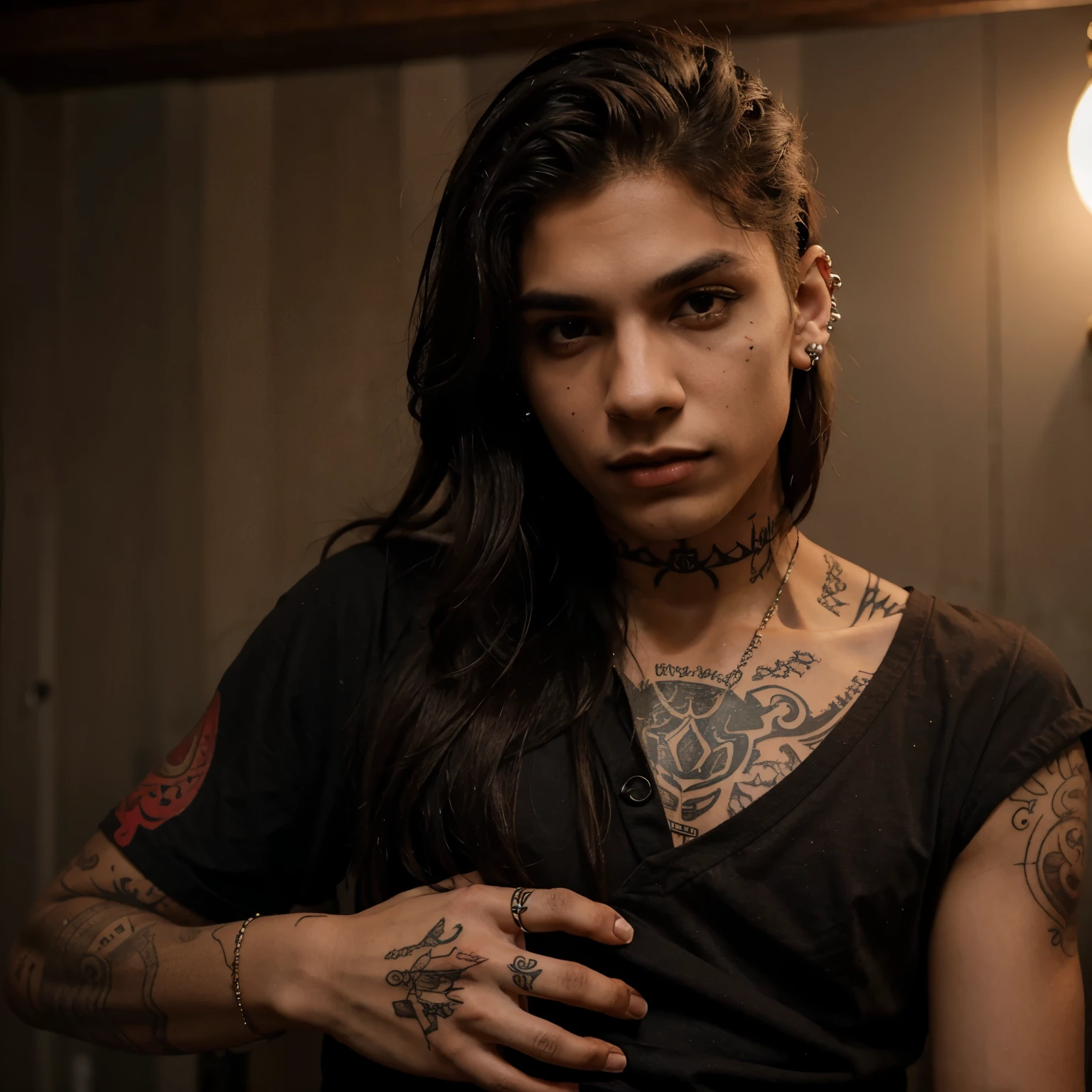 Lyan is a brown boy, de 18 anos olhos castanhos, cabelo ondulado vermelho, dresses like a vampire and has many piercings and tattoos and has a friendly face