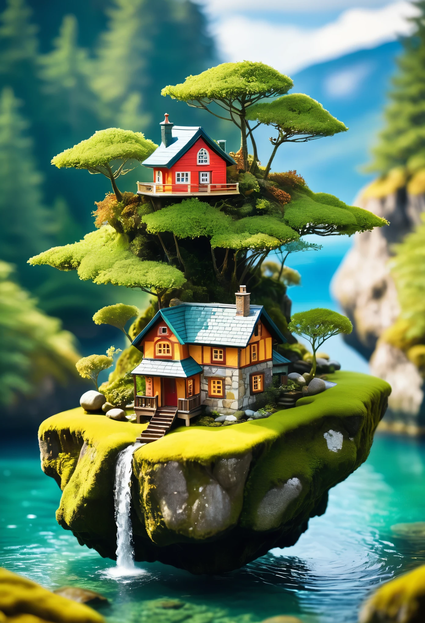A tiny miniature fantasy house floating in the air, on top of an island surrounded by trees and mossy rocks, in the style of tilt shift photography.