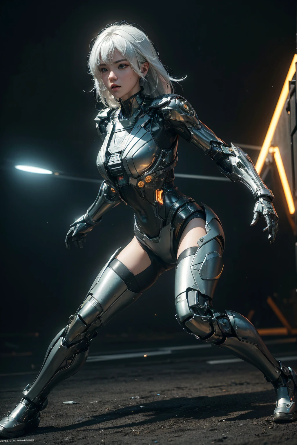 ((Best Quality)), ((Masterpiece)), (Very Detailed: 1.3), 3D, Beautiful mecha girl, sci-fi technology, HDR (High Dynamic Range), ray tracing, nvidia RTX, super resolution, unreal 5, subsurface scattering, PBR texture, post-processing, anisotropic filtering, depth of field, maximum sharpness and sharpness, multi-layer texture, specular and albedo mapping, surface shading, accurate simulation of light-material interactions, perfect proportions, octane rendering, duotone lighting, low ISO, white balance, rule of thirds, wide aperture, 8K RAW, high efficiency subpixels, subpixel convolution, light particles, light scattering, Tyndall effect, (((1Girl))), (((VERY-SEXY))), full body, (((battle pose))), cyberpunk city background, night time, white hair, battleground, cinematic