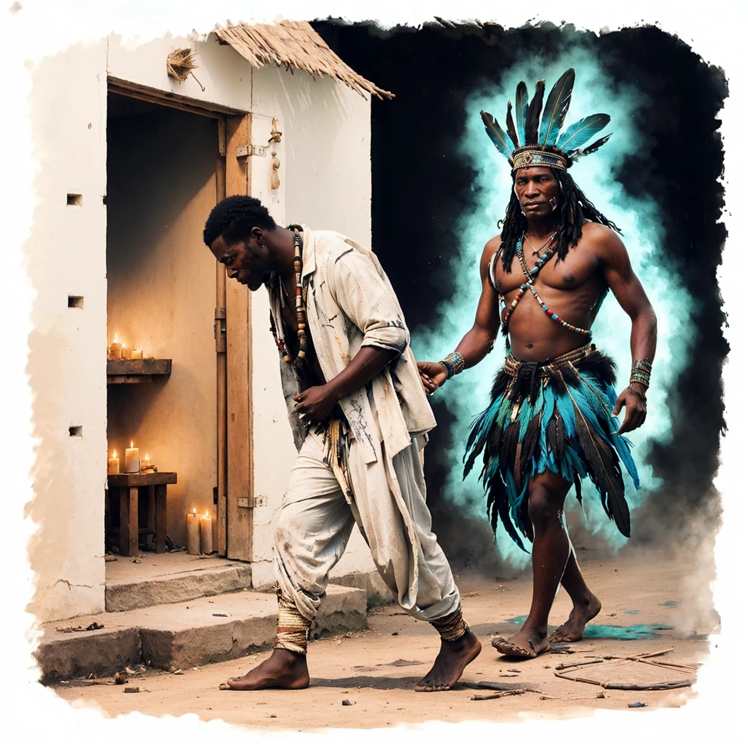 painting of two men dressed in native clothing walking in front of a building, witch - doctor, tribo antiga, ayahuasca shaman, 3 d render of a shaman, Indigenous man, : Fantasia Shamen Nativa Americana, shaman, Indigenous, Warrior spirit, Mitologia africana, the oracle of the Mayan elders, magos cyberpunk africanos, shamanism, por Robert Bain