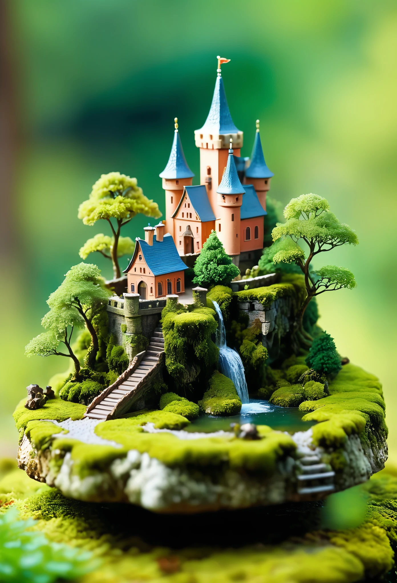 A floating island with an old castle, trees and moss, miniature world, tilt shift photography, cute. The island has an old castle and trees covered in moss, creating a miniature world. The photography has a tilt shift effect in the style of cute miniature scenes.