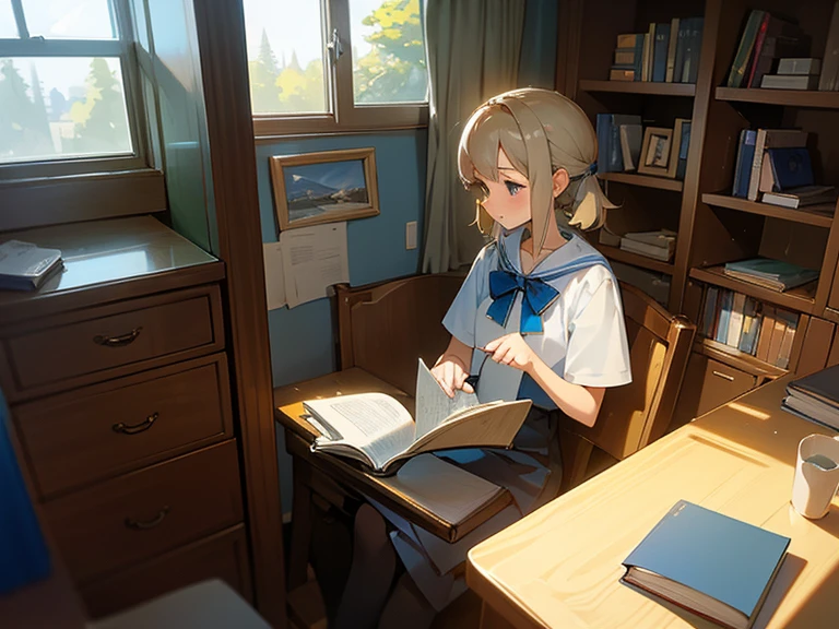 15-year-old girl reading a book, MAC MAC ON THE DESK, bookshelves, The study is a blue and white series, Sunlight outside the window.