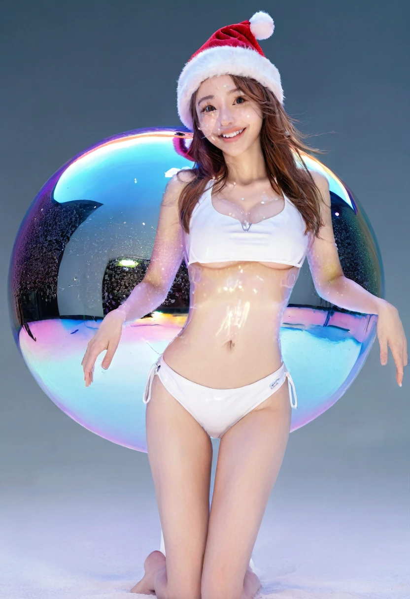 (8K, Best Quality, Masterpiece: 1.2), (Realistic, Photorealistic: 1.37), Super Detail, Super Realism, (A Girl), Anatomically Correct, Camera Gaze, All Mecha from the Neck Up, Android, Cute, Solo, (Redness of the Nose), (Smile: 1.15), Beautiful Eyes, Big Eyes, (Long Hair: 1.2), Floating Hair Novafrog style, brown hair, mechanical body, cable, gear, mirror sphere, cyberpunk, kneeling, countless soap bubbles, desert, evening, mirror, santa claus、(((((Brazilian Bikini))))) 、whole body、smile、Levitation
