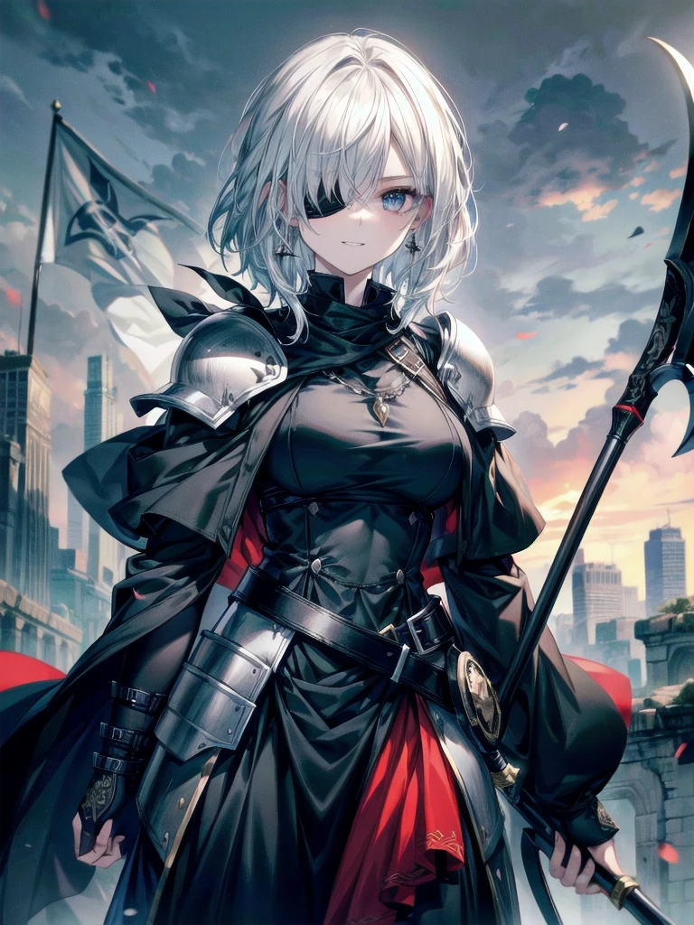 ((one-eyed)), blindfold, paladin, scythe, dark Heavy armor, absurdres, RAW photo, extremely delicate and beautiful, masterpiece, Best Quality, ultra high resolution, 32k, hyperrealistic, ultra-detailed, detailed description, pale skin, 20 years old, tearful mole, earring, Colossal tits, short medium hair, wavy hair, evil grin, whole body shot,