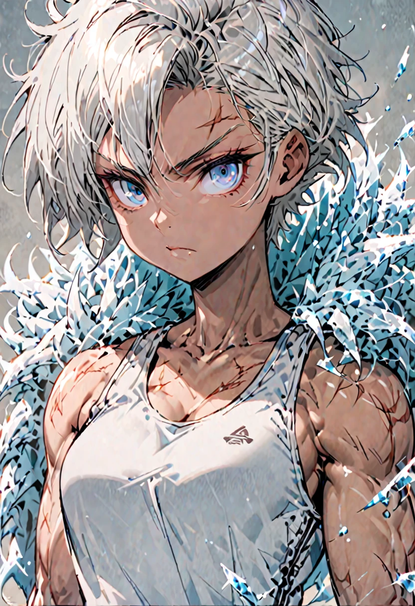 solo, female, sfw, medium shot, ice blue eyes, short spiky platinum blonde hair, tanned skin, wiry build, muscular build, tank top, medium breasts, serious, pilot, scar across nose, tomboy