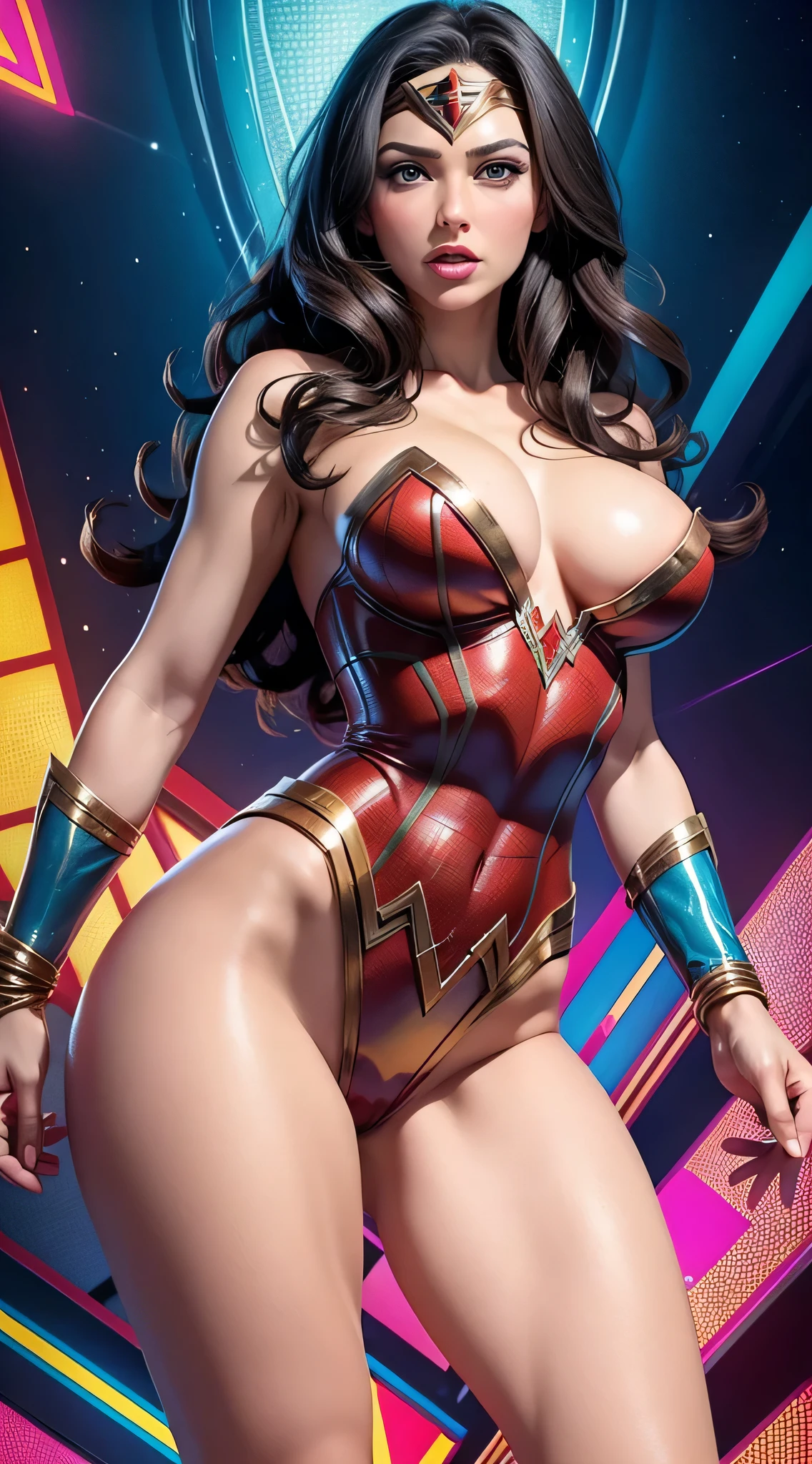 (NSFW) Wonder Woman (big nude tits) in the style of Spider-Man, masterpiece, best quality, abstract, psychedelic, neon, (honeycomb pattern), (creative:1.3), sy3, SMM, fantasy00d