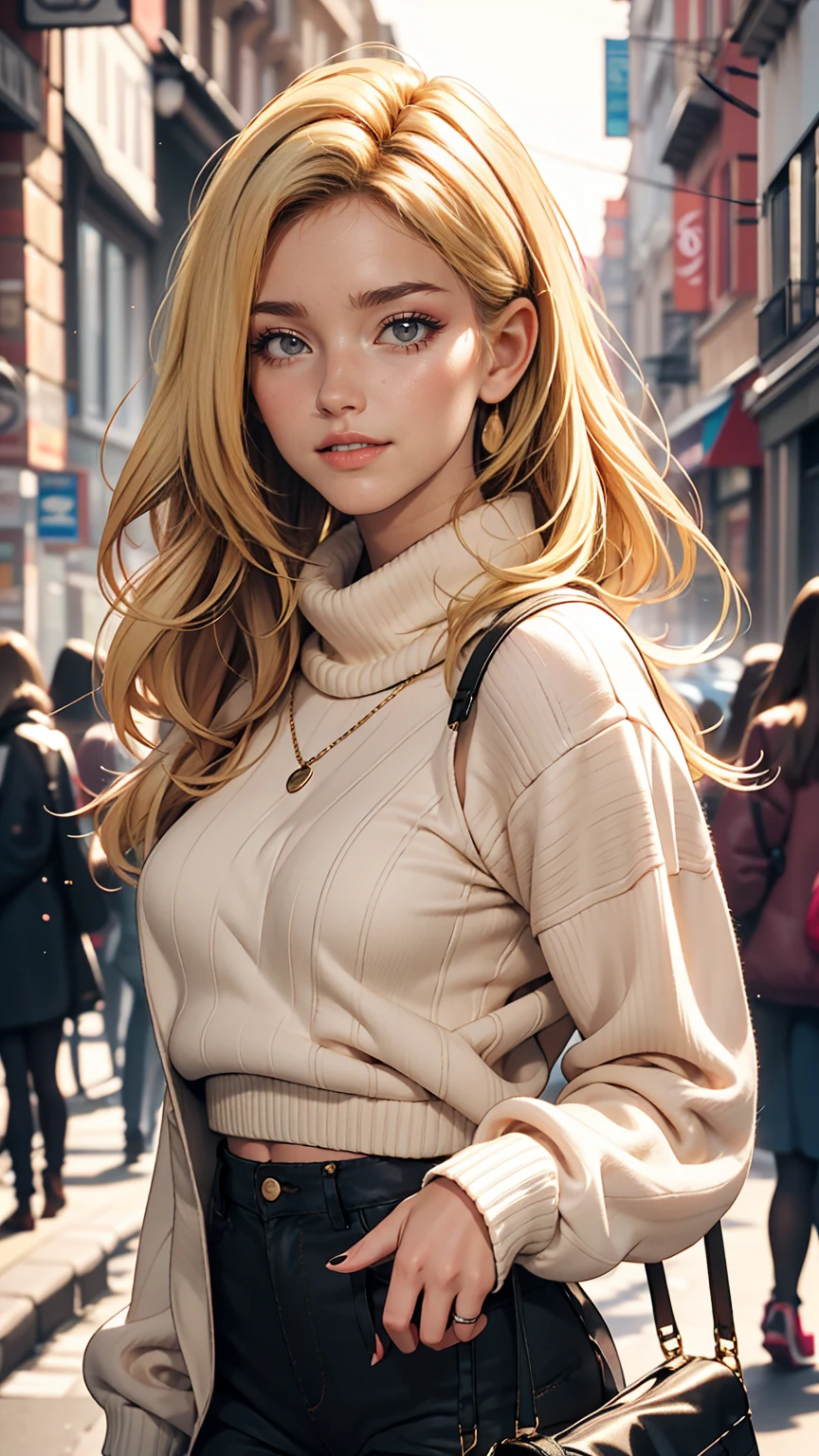 Portrait of blonde haired model woman wearing warm designer sweater, In the style of branded clothing, The sweater is completely visible, Panasonic GH5, Happy expression, A modest image, Sharp Texture - Image #2 @Slenslen