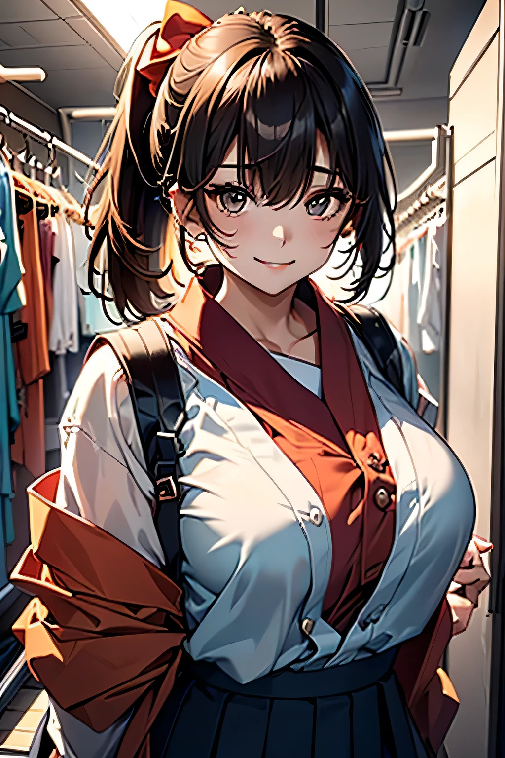 (((Adult female:1.3))),(((Change clothes in the changing room:1.3))),(((clothes on hangers:1.3))),(((Sailor suit))),(((Pleated skirt revealing skin))),(Dark red bow tie:1.3),Cute face,Extreme close up of face,Shiny light brown and orange striped short hair,Messy ponytail,Cute Smile,Perfect round face,iris,(hairpin、ponytail、Floating Hair、),Large Breasts.Professional Lighting,Cinematic Light,(Tabletop,highest quality,Ultra-high resolution output images,) ,(8K quality,),(Ocean Art 2.0 Mode:1.3),(Picture Mode Ultra HD,)