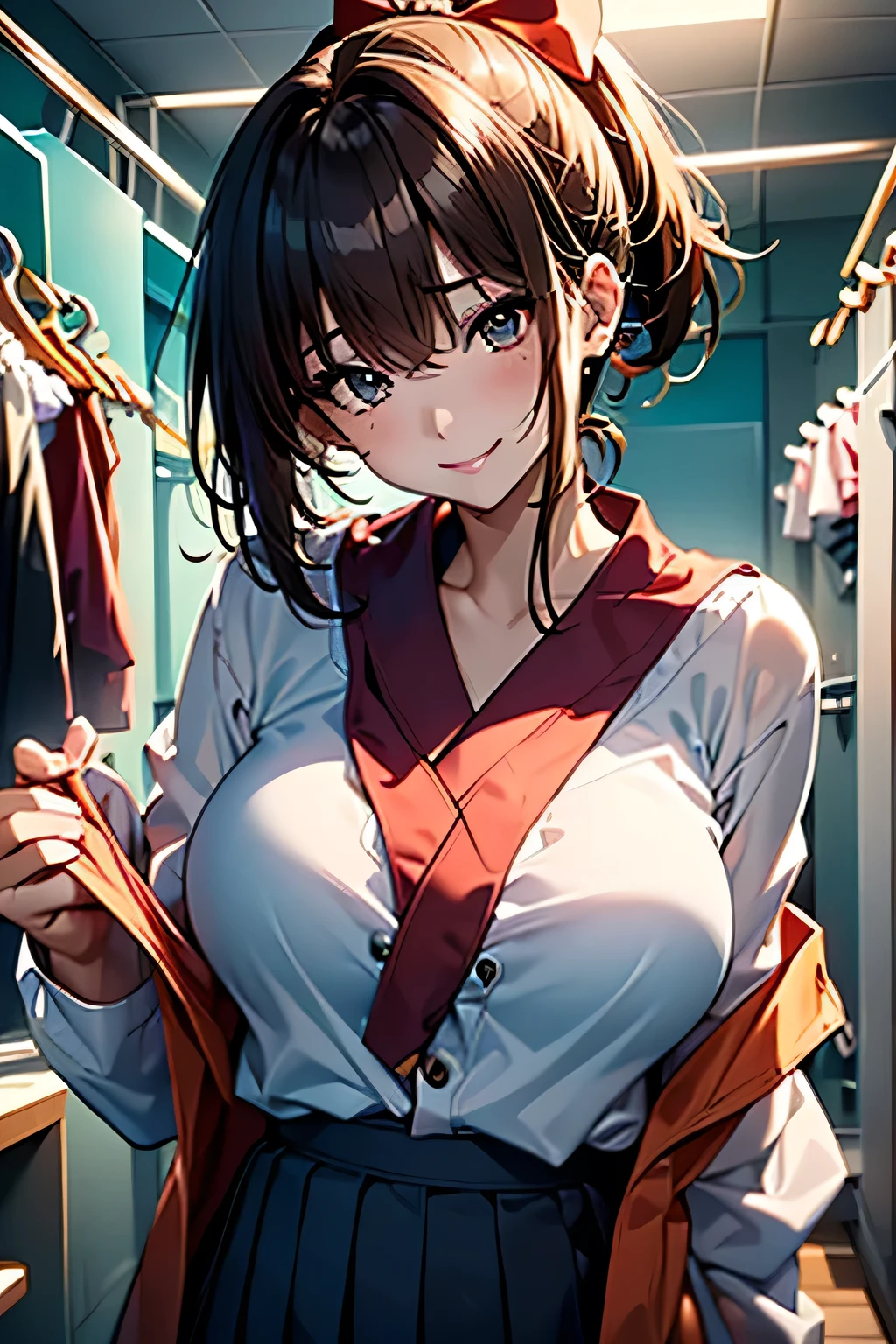 (((Adult female:1.3))),(((Change clothes in the changing room:1.3))),(((clothes on hangers:1.3))),(((Sailor suit))),(((Pleated skirt revealing skin))),(Dark red bow tie:1.3),Cute face,Extreme close up of face,Shiny light brown and orange striped short hair,Messy ponytail,Cute Smile,Perfect round face,iris,(hairpin、ponytail、Floating Hair、),Large Breasts.Professional Lighting,Cinematic Light,(Tabletop,highest quality,Ultra-high resolution output images,) ,(8K quality,),(Ocean Art 2.0 Mode:1.3),(Picture Mode Ultra HD,)