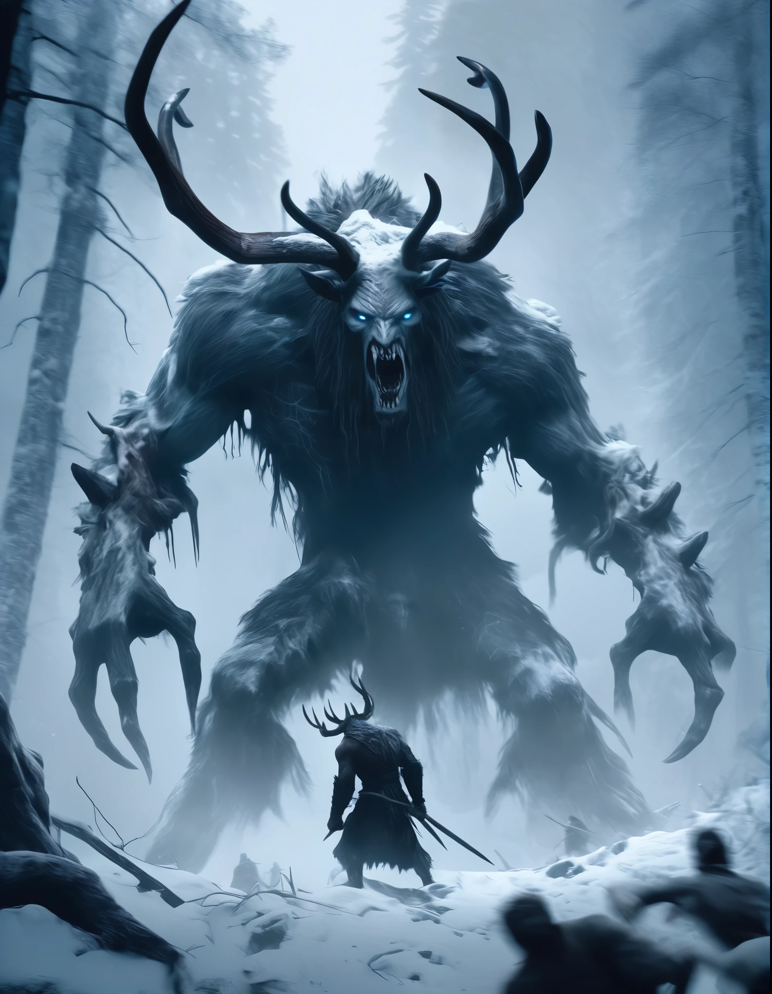 Masterpieces of horror, highest quality, (action shot, Motion blur), battle, greg latkowski, (Focus on a scary big wendigo seen in the distance, big size difference of the horns), fantasy, People who fight against it々, dark winter evening, Deep dark forest, Huge ancient tree, Fight, scenery, Mountain, outdoor, More than one person, Injured on the ground々, (Blood splattering in the air), Traces of the massacre, (indirect) moonlight, very detailed, High resolution, sharp, sharp image, 4k, 8K,