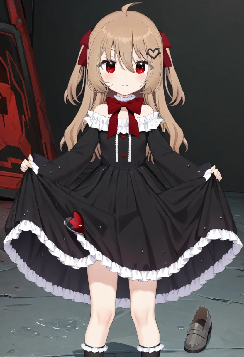 1girl, evil neuro-sama, (yuzu modoki), red eyes, light brown hair, ahoge, two side up, hair ribbon, dark red ribbon, heart hair ornament, black dress, frilled dress, off-shoulder dress, bare shoulders, frilled choker, long sleeves, red bow, red buttons, black heart, black socks, frilled socks, grey footwear, loafers, (masterpiece, best quality), highly detailed, finely detailed, wet, looking at viewer, see-through dress, covered nipples, underwear, cleavage, dress lift, skirt lift, collarbone,