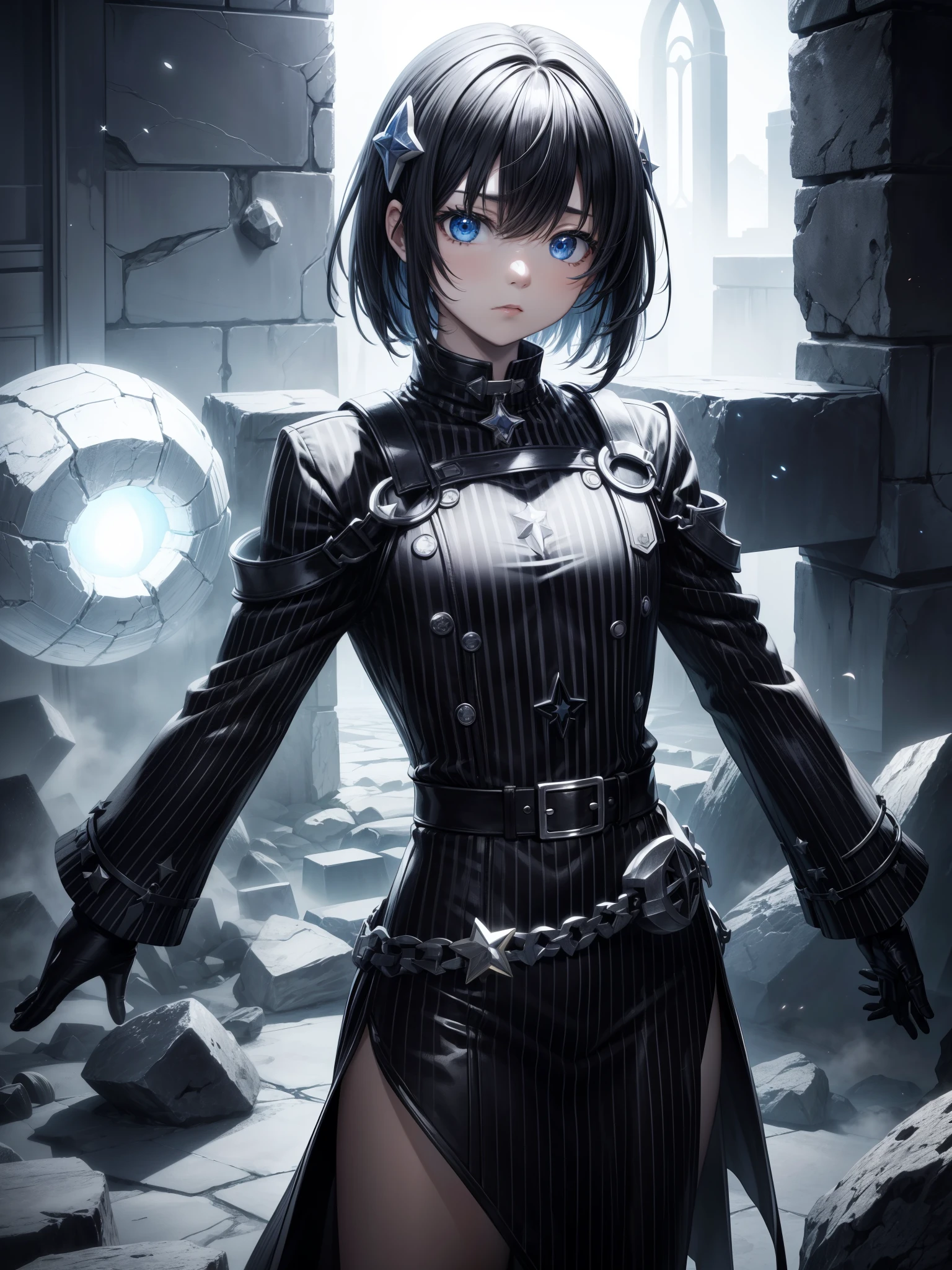 solo、1 person、Star Ocean、stonefree、Stone Prison、Black and white outfit、Black and white striped pattern、Black and white striped patternの囚人服、Muscle々、Stern face、spirit、fights quickly、Stegoro、Short Hair、