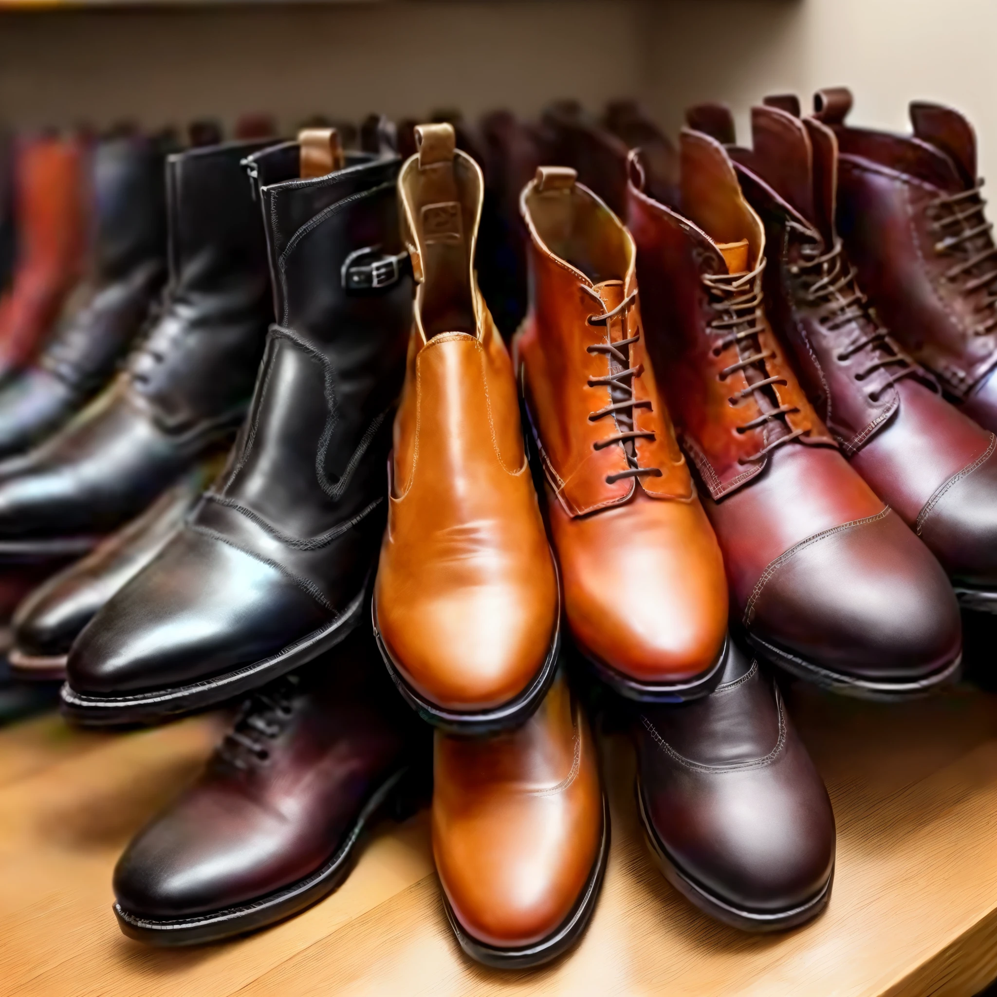 a close up of a row of sapatos on a shelf, leather sapatos, sapatos, roupa de couro and boots, whole sapato is in picture, Roupas de couro, miniatura, roupa de couro, high sapatos, plataformas, exibido, sapato, impecavelmente vestido, por Niko Henrichon, sob medida, botas de couro, 1614572159