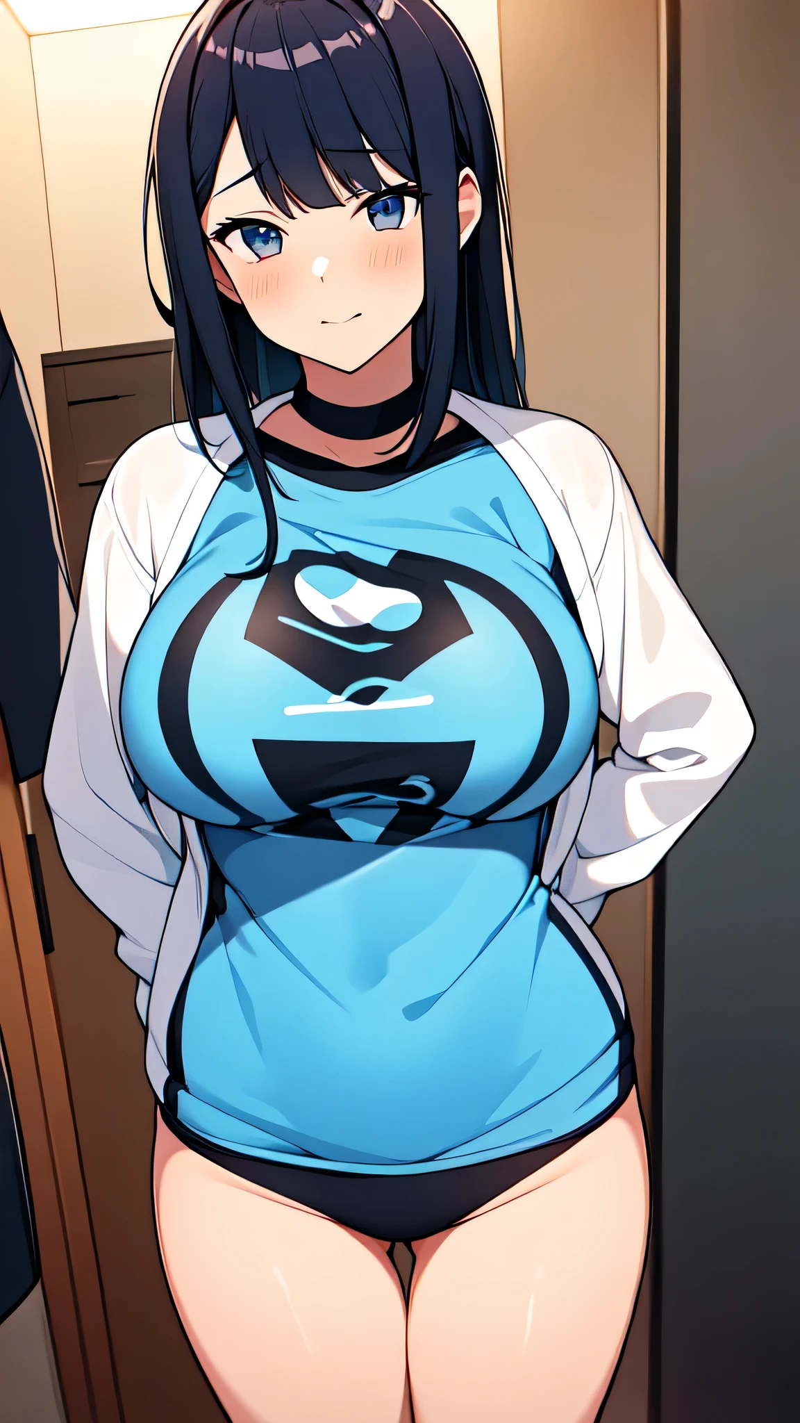 beautiful girl with a symmetrical face looks like Marin Kitagawa she is with a perfect body medium and firm tits, nipples covered, vestida con una minifalda venus y un a playera muy corta desabotonada, ropa muy transparente como el aire, muy ligera, de escote muy amplio, todo con detalles intrincados, random angle, ((estilo: character design))