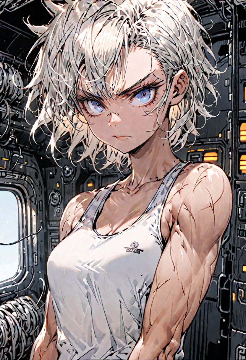 solo, female, sfw, medium shot, tall:1.3, blue eyes, short hair:1.4, spiky hair, platinum blonde hair, tanned skin, wiry build, muscular build, tank top, medium breasts, serious, pilot cabin, scar on nose