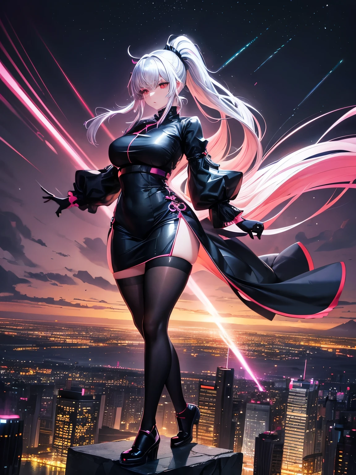 anime, (artwork, best quality, ultra-detailed, high contrast), 1 woman (Alone, full body, plus size body, standing on the edge of the skyscraper, silver hair, LONG In a ponytail, red eyes, perfect eyes ruby sparkles, (simple black qipao, black cybernetics with neon pink), transparent black socks), (skyscraper roof, overlooking a city, detailed background ((night time, Darkness, low light pollution)))