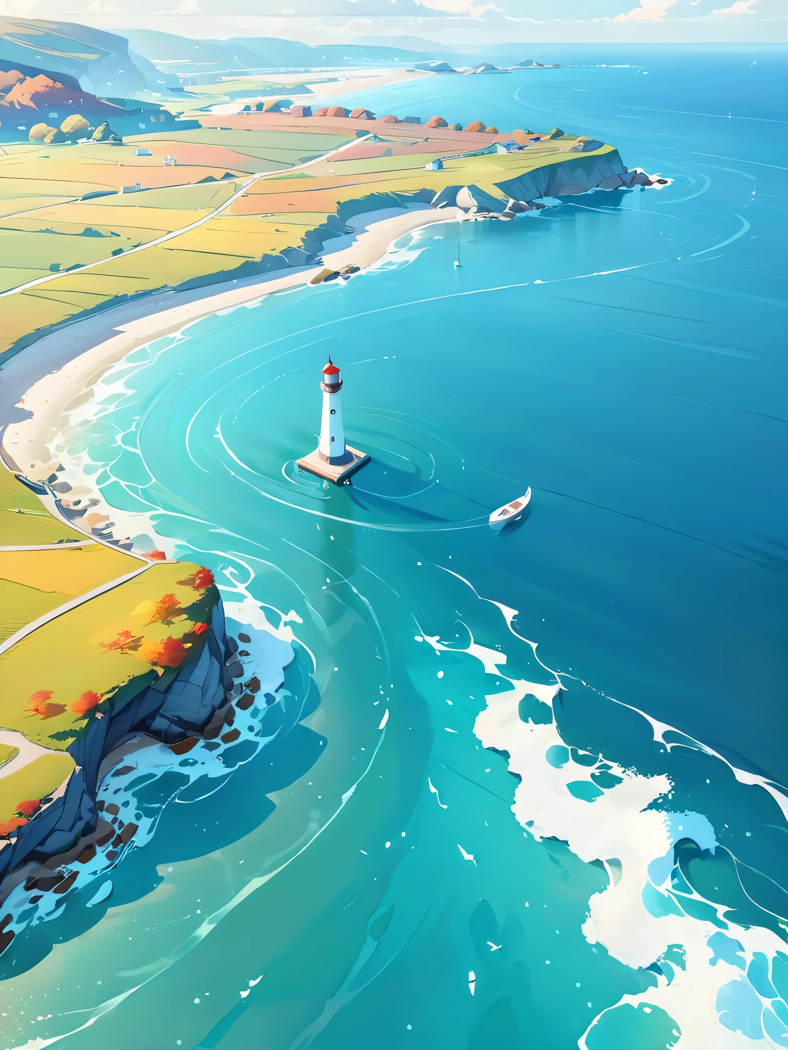 masterpiece, best quality, (from above:1.5), (seaside,autumn,:1.2), Wide sea,horizon,There is a small lighthouse on the small bridge, no people,nobody, very detailed , realistic details , light particle effect, excellent work, extremely elaborate picture description,8k wallpaper, obvious light and shadow effects, ray tracing, obvious layers, depth of field, best quality,