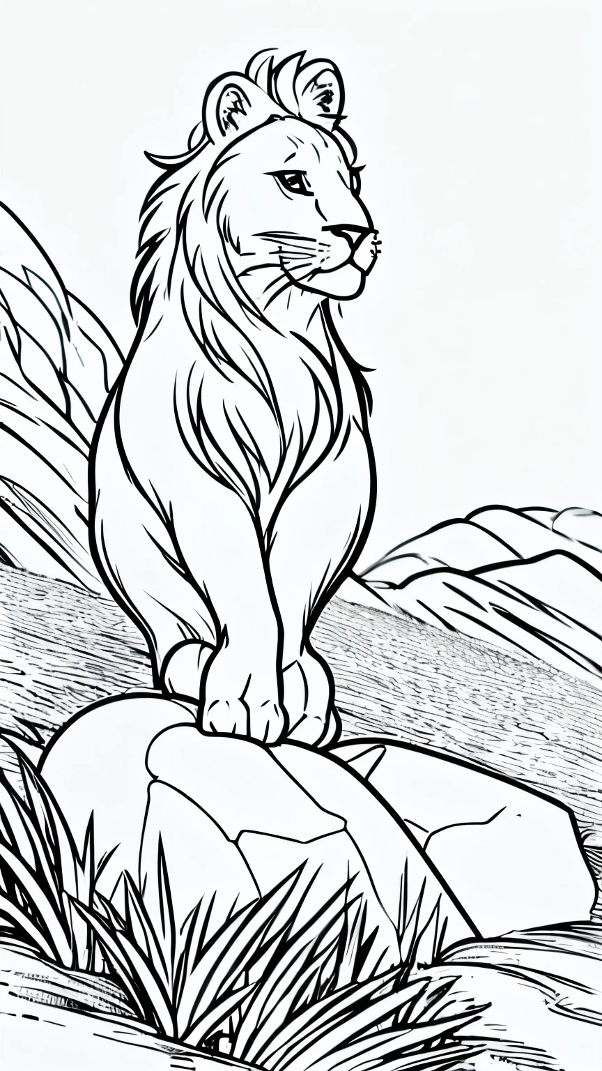 Create an image with the following information: Black and white outline art for cute coloring book pages for kids, cute lion in the middle of the jungle standing on a rock, full body centered, kawai style, all white, childish style, white background, full body, style sketch, full body, only outlines used, cartoon style, lines, coloring book, clean lines, no background. White, sketch style, illustration