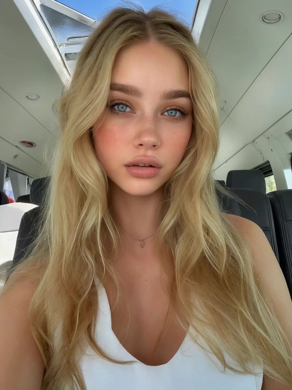 a closeup of a woman with long blonde hair on a bus, sydney sweeney, Retrato de Sophie Mudd, long cabello rubio y ojos grandes, cara extremadamente hermosa, modelo de instagram, hermosa chica rubia, yelena belova, cabello rubio y ojos grandes, diosa rubia, una hermosa rubia, cara perfecta ), hermosa joven modelo, Angelina Stroganova, 18 years