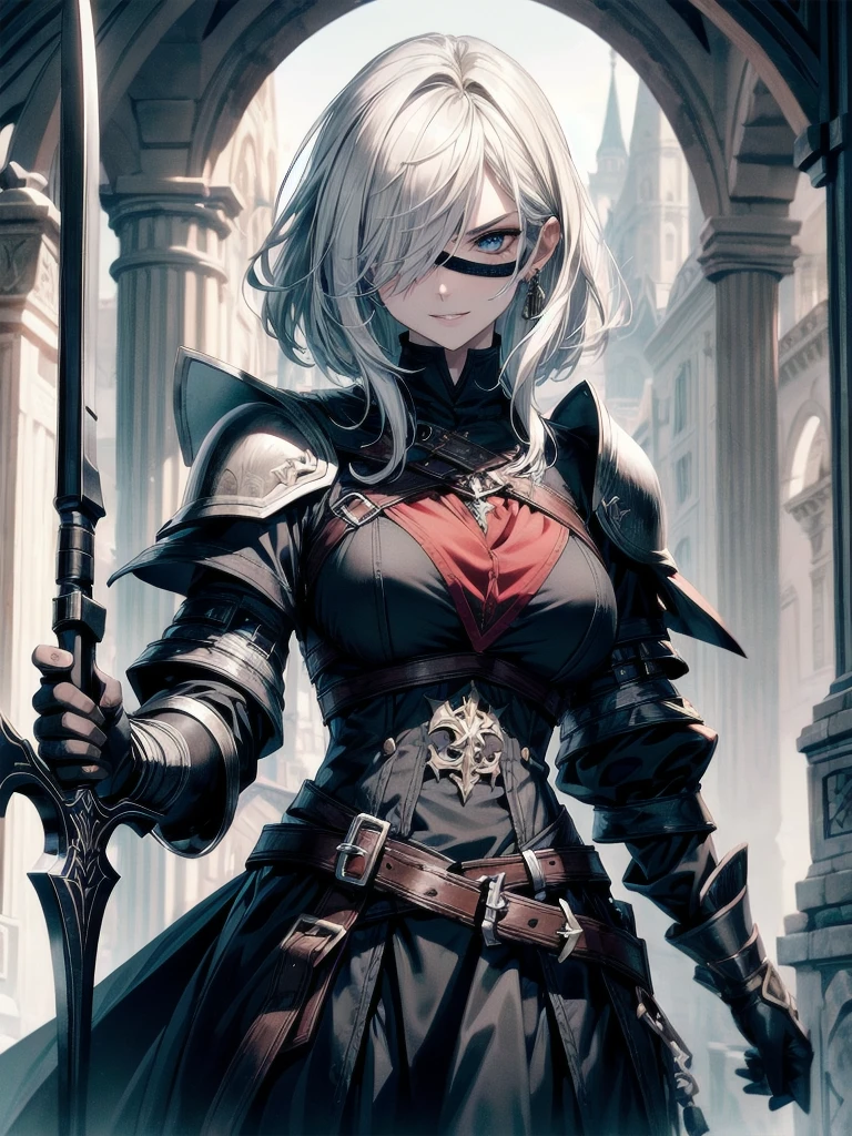 ((one-eyed)), blindfold, paladin, scythe, dark Heavy armor, absurdres, RAW photo, extremely delicate and beautiful, masterpiece, Best Quality, ultra high resolution, 32k, hyperrealistic, ultra-detailed, detailed description, pale skin, 20 years old, tearful mole, earring, Colossal tits, short medium hair, wavy hair, evil grin, whole body shot,