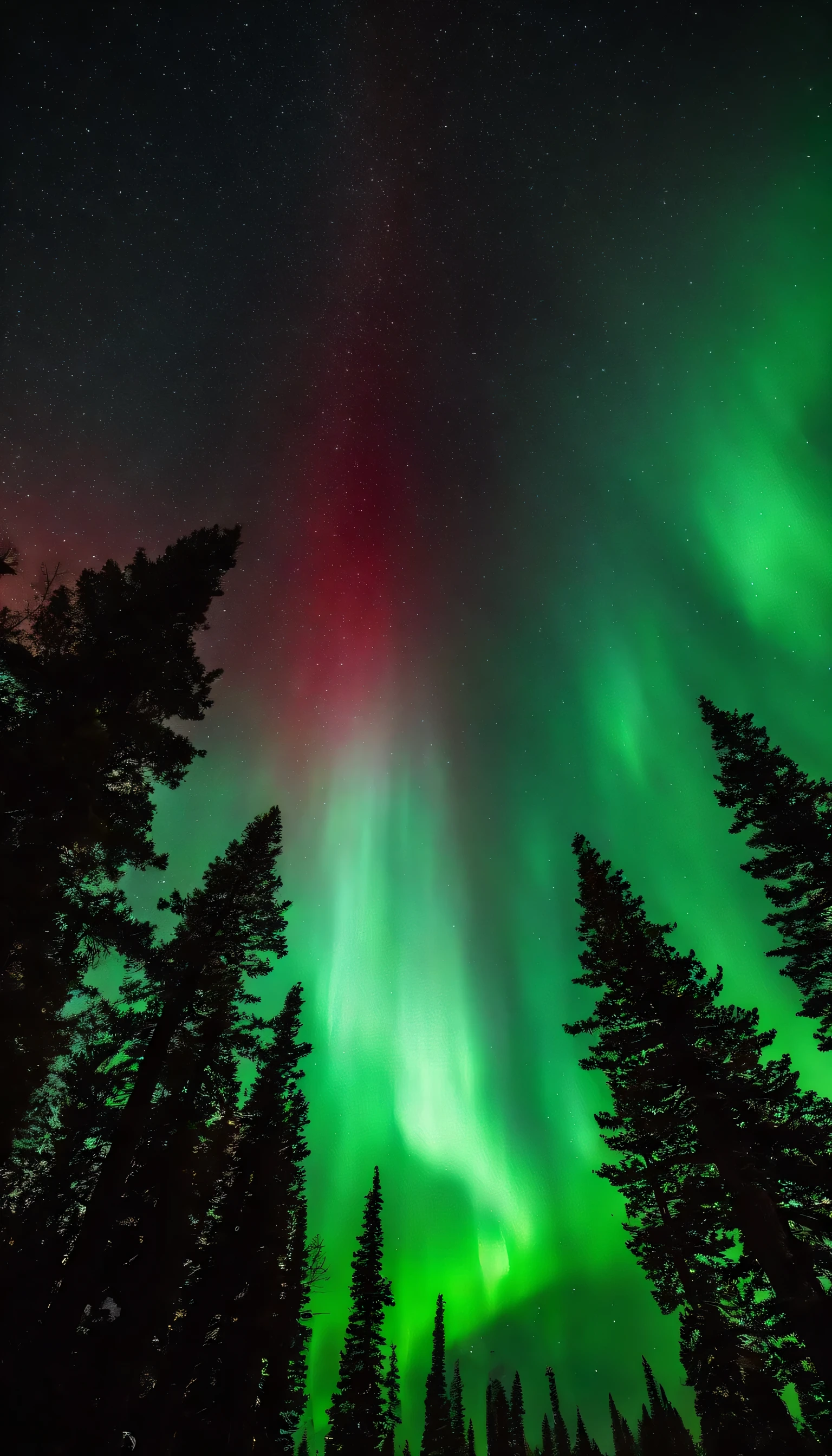 Master Parts、Superior Quality、superior image quality、The 8k quality、Beautiful pictures of the starry sky、magnifica、Arched Milky Way:1.25, Colorado mountains、some pine evergreen trees, spring season, (Red and green aurora borealis:1.5), taken with niko z6, 24mm,night photography
