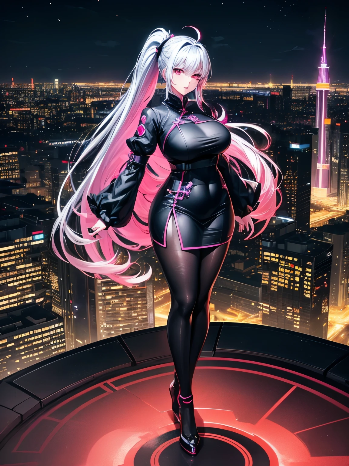 anime, (artwork, best quality, ultra-detailed, high contrast), 1 woman (Alone, full body, plus size body, standing on the edge of the skyscraper, silver hair, LONG In a ponytail, red eyes, perfect eyes ruby sparkles, (simple black qipao, black cybernetics with neon pink), transparent black socks), (skyscraper roof, overlooking a city, detailed background ((night time, Darkness, low light pollution)))