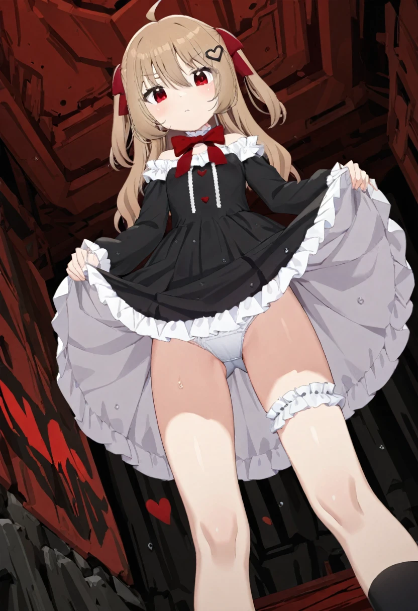 1girl, evil neuro-sama, (yuzu modoki), red eyes, light brown hair, ahoge, two side up, hair ribbon, dark red ribbon, heart hair ornament, black dress, frilled dress, off-shoulder dress, bare shoulders, frilled choker, long sleeves, red bow, red buttons, black heart, black socks, frilled socks, grey footwear, loafers, (masterpiece, best quality), highly detailed, finely detailed, wet, looking at viewer, see-through dress, covered nipples, underwear, cleavage, dress lift, skirt lift, collarbone, from below,