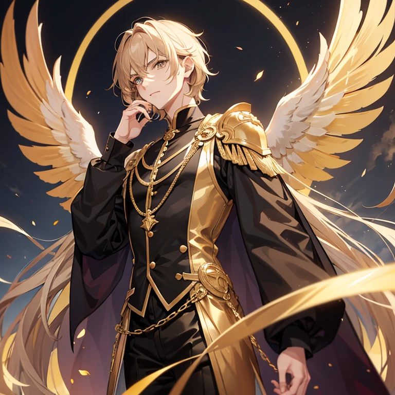Tall young man manly, slim build, pale skin, golden eyes, short and wavy brown hair with golden highlights, tight clothing, black sleeveless shirt and torture neck... owl wings